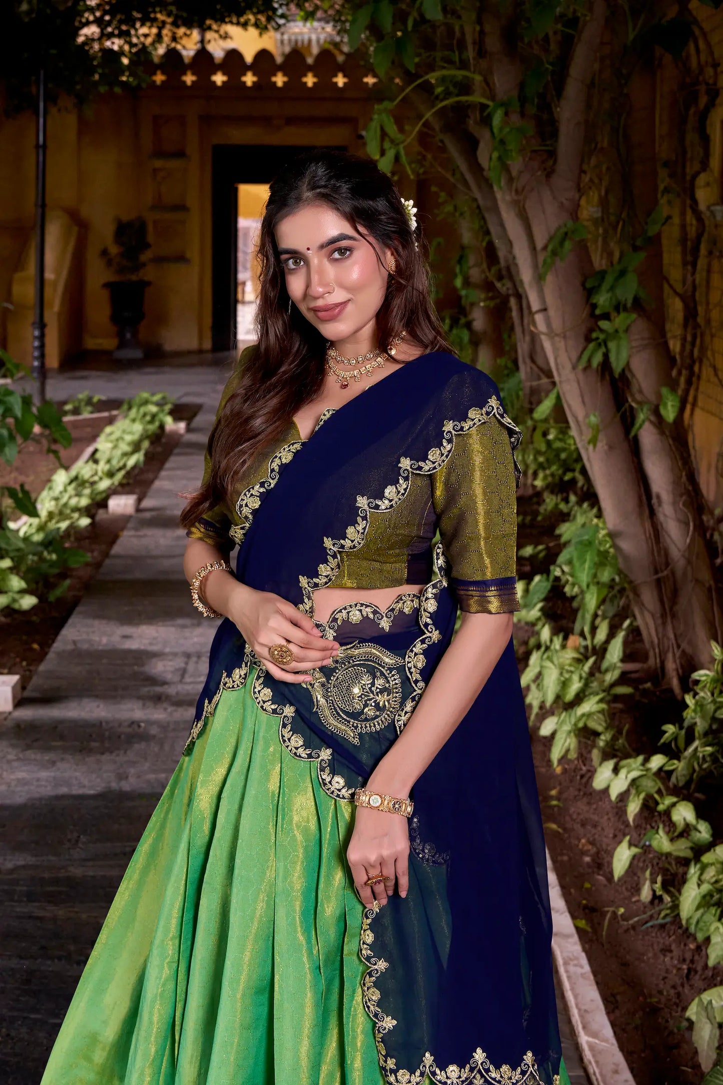 Parrot Green Kanchipuram Zari Weaving Work Lehenga Choli