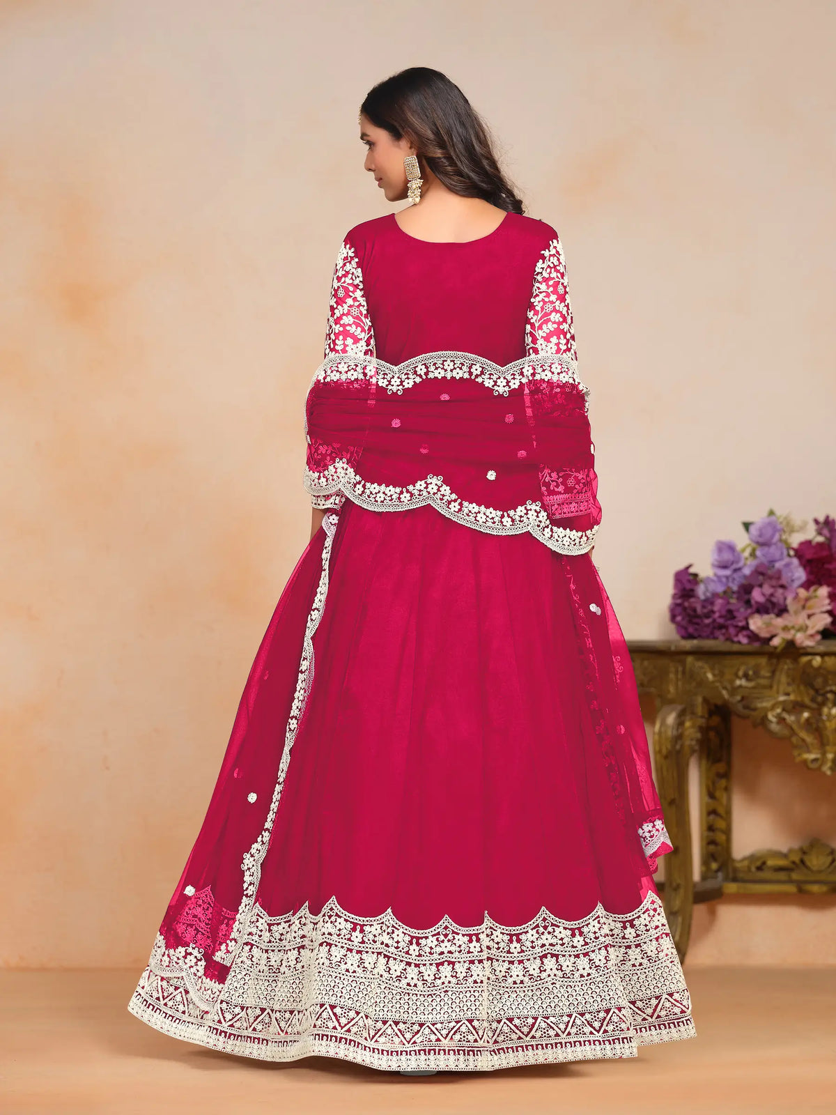 Dark Red Net Gown With Sequence & Thread Embroidery Work