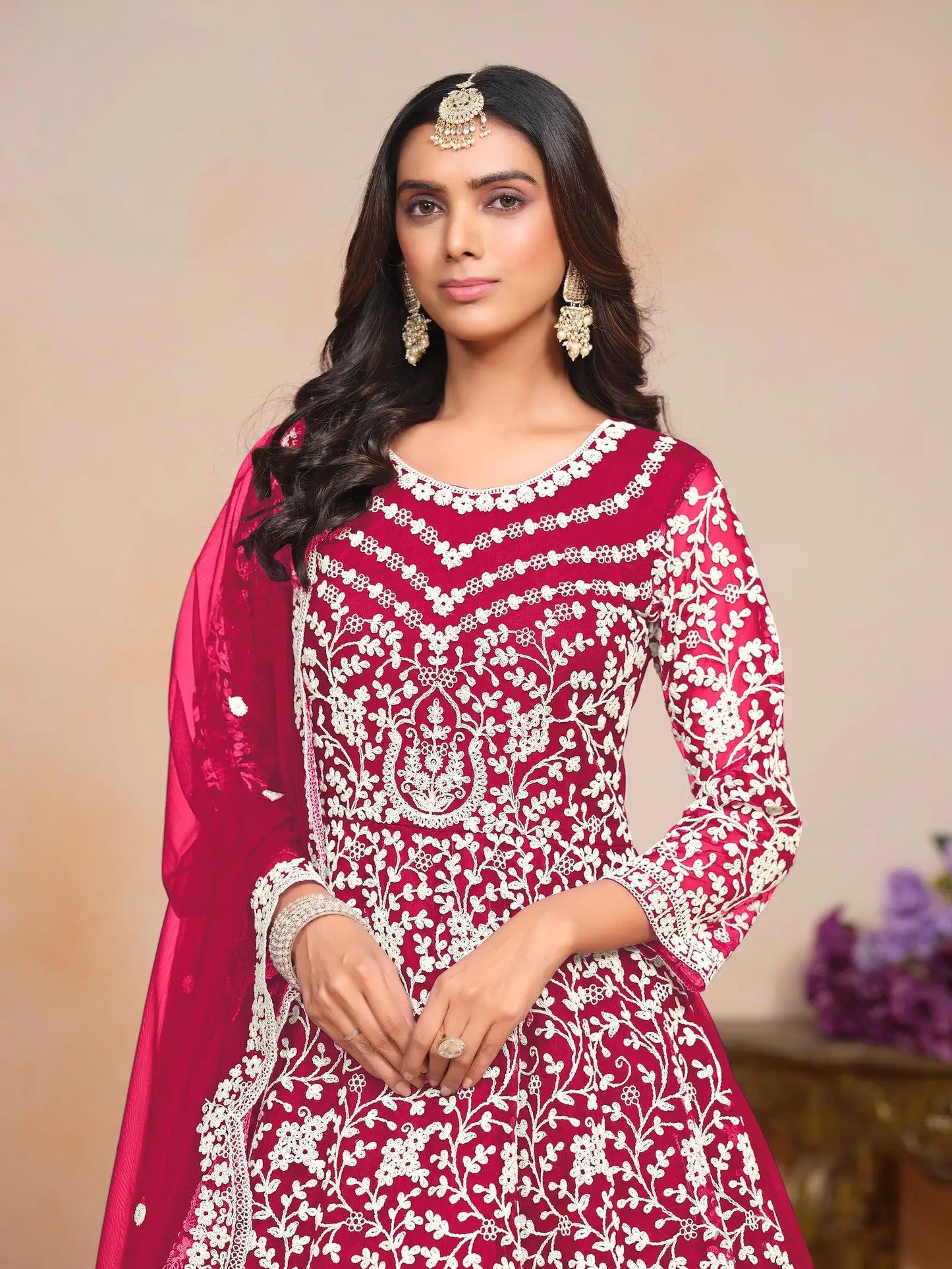 Dark Red Net Gown With Sequence & Thread Embroidery Work