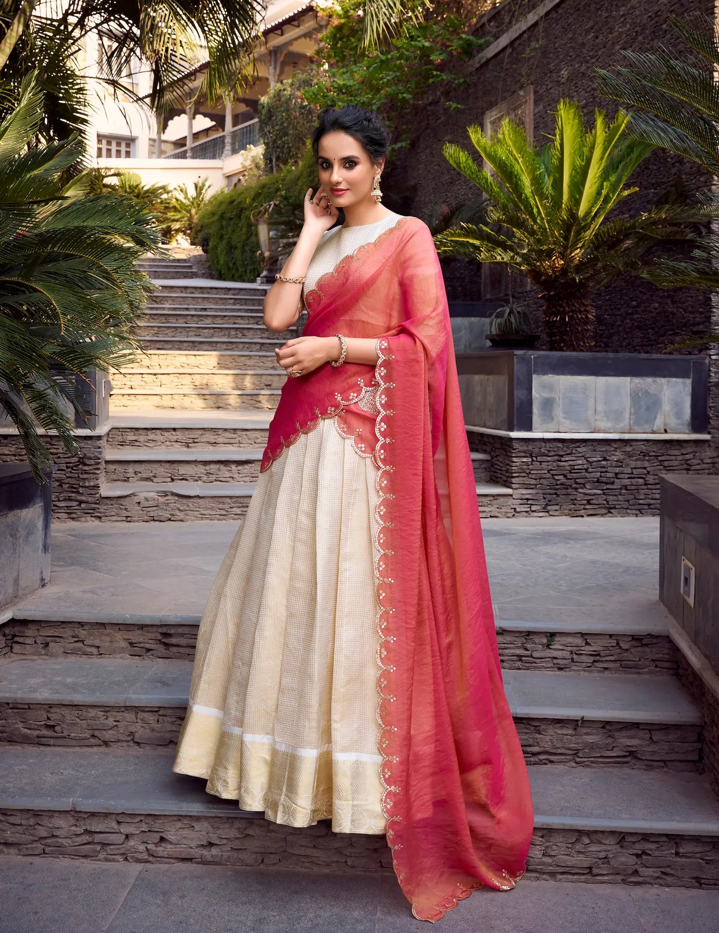 Beige Jacquard Chex Lehenga Choli With Zari Weaving Work & Sequins Embroidery