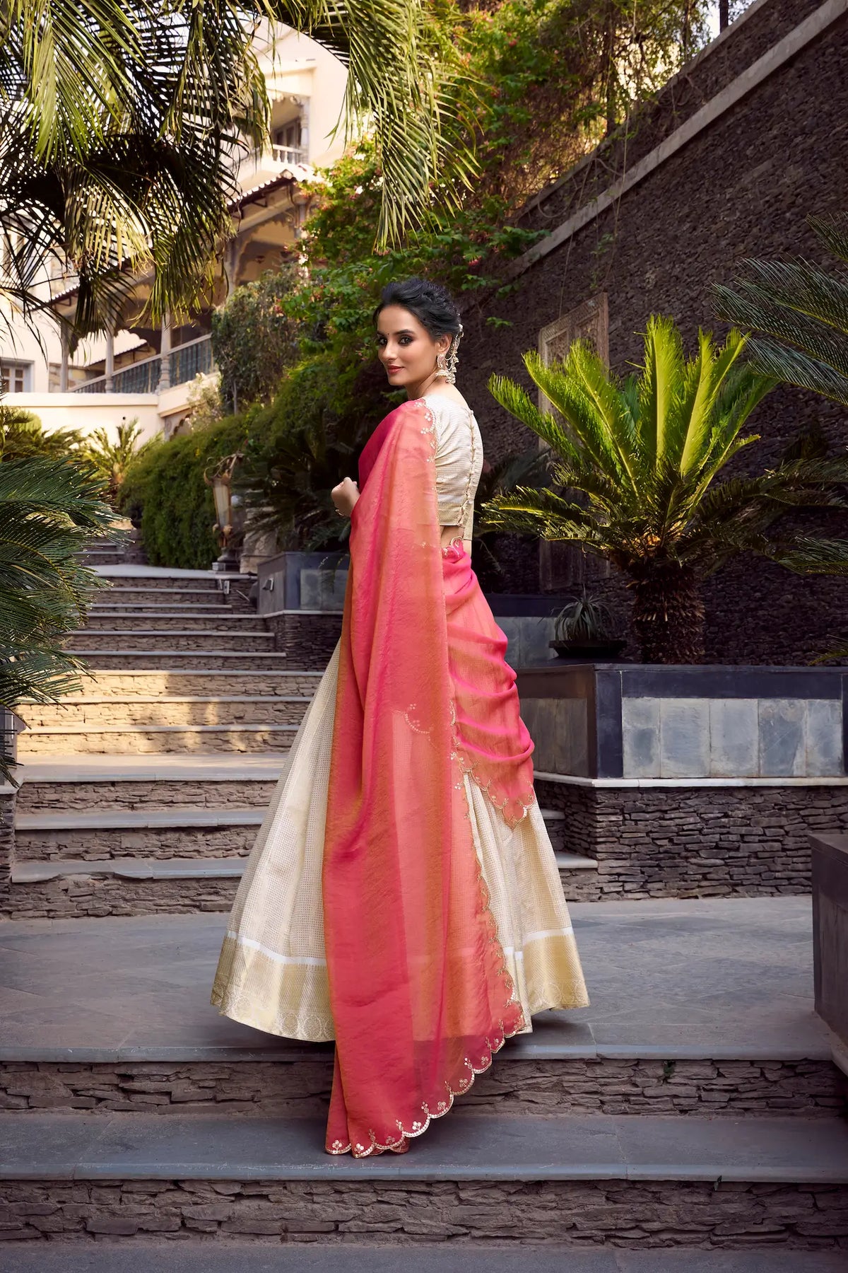 Beige Jacquard Chex Lehenga Choli With Zari Weaving Work & Sequins Embroidery