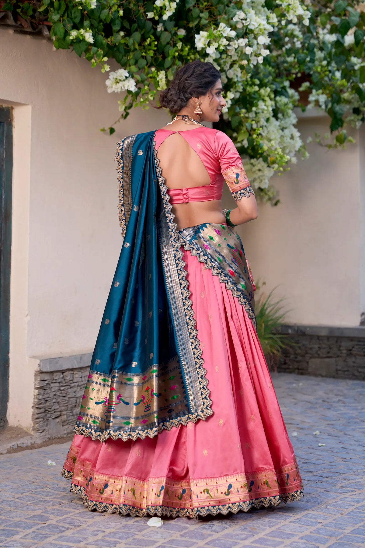 Light Pink Jacquard Silk Paithani Lehenga Choli With Zari Weaving Work & Embroidery Lace Border