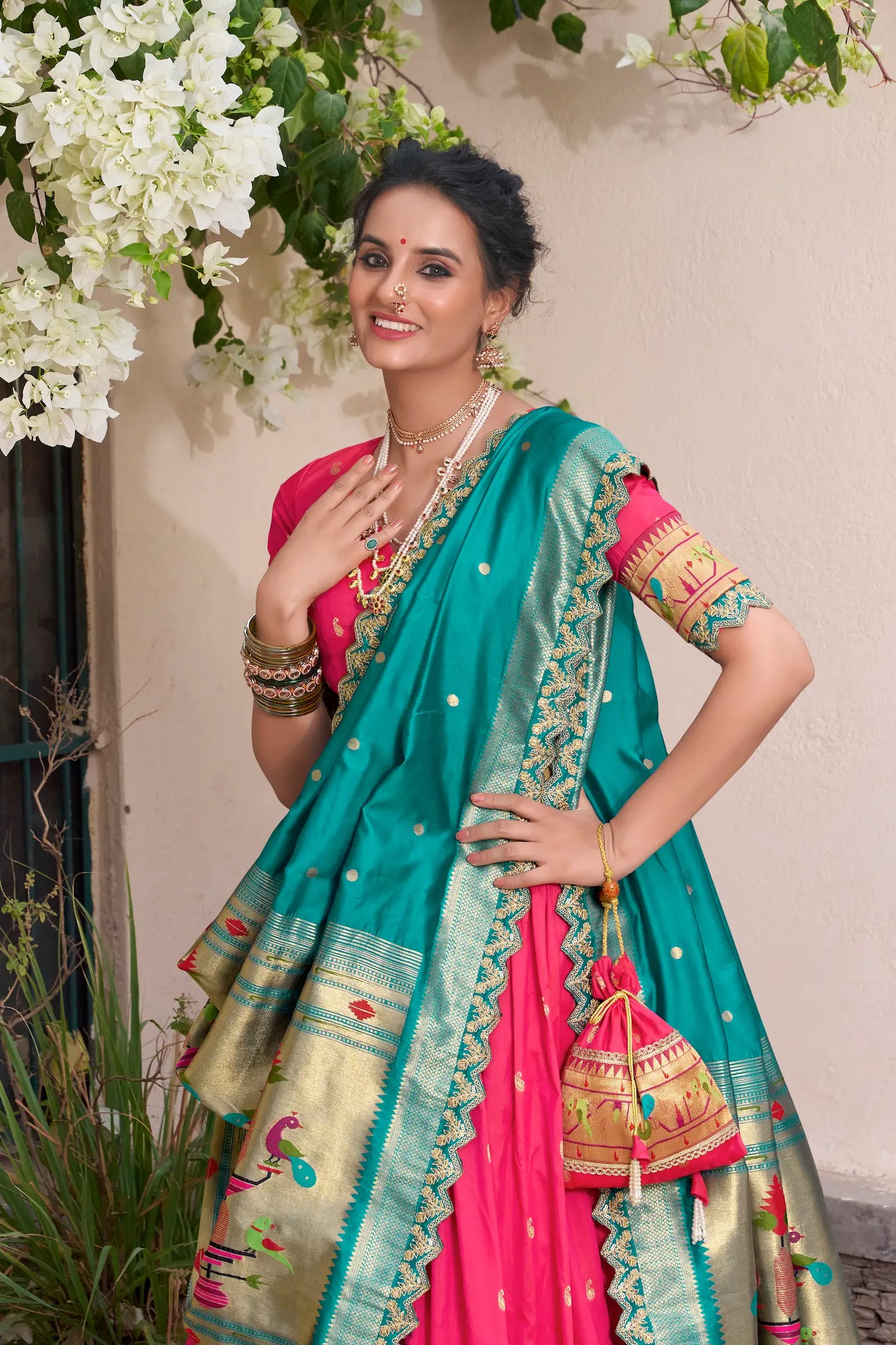 Dark Pink Jacquard Silk Paithani Lehenga Choli With Zari Weaving Work & Embroidery Lace Border