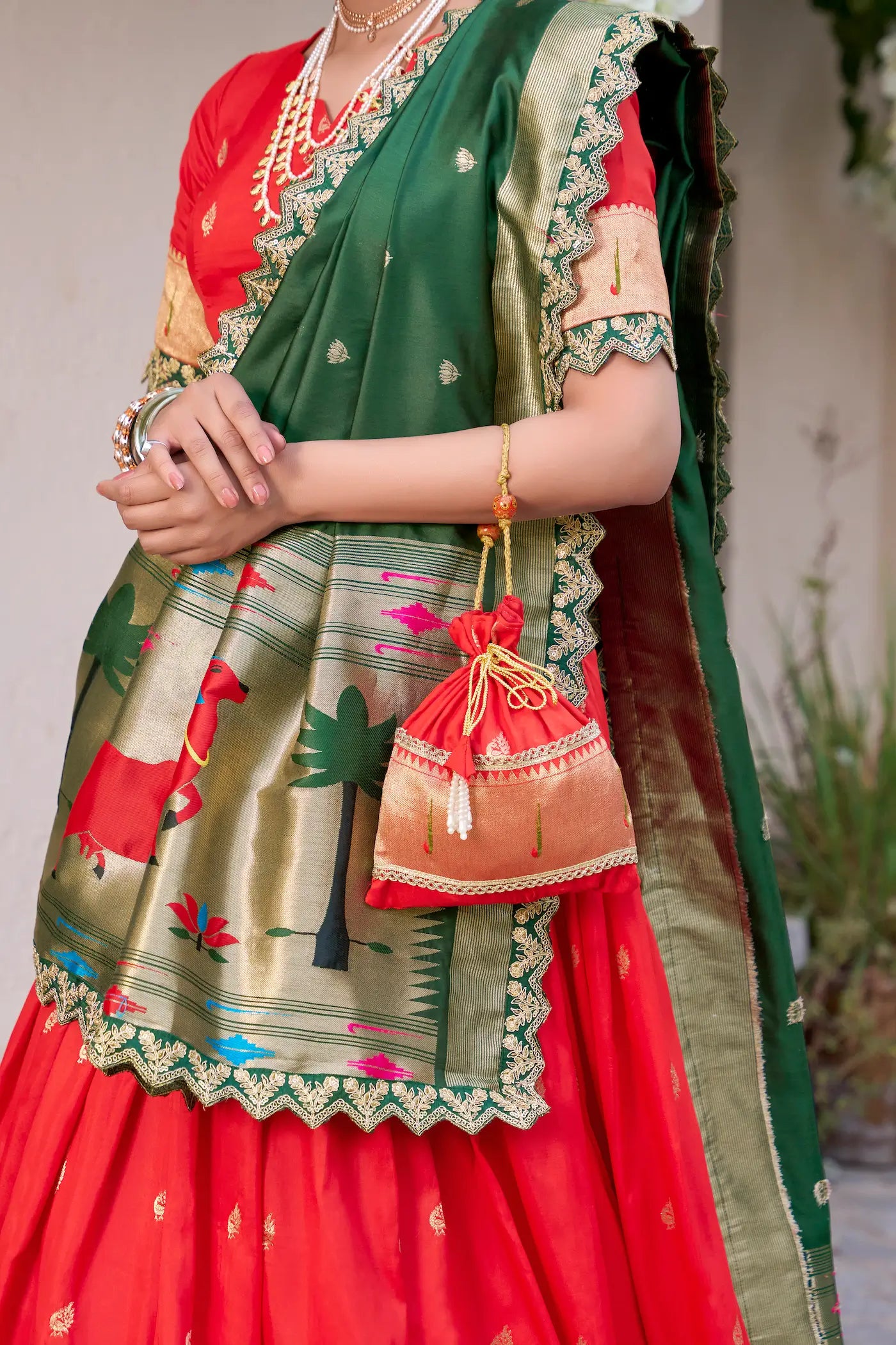 Bright Red Jacquard Silk Paithani Lehenga Choli With Zari Weaving Work & Embroidery Lace Border