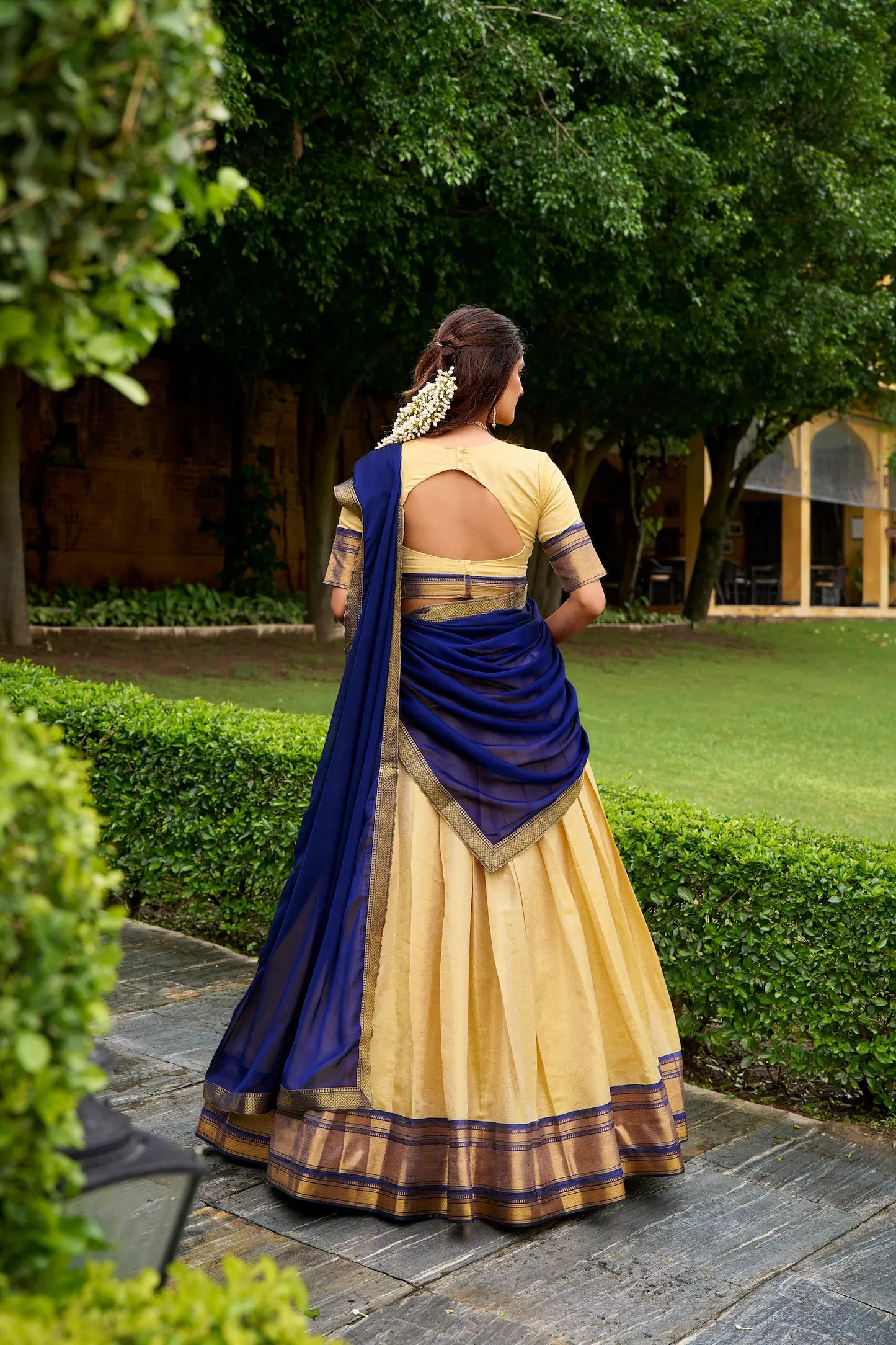 Beige-Navy Blue Zari Weaving  Kanchipuram Lehenga Choli
