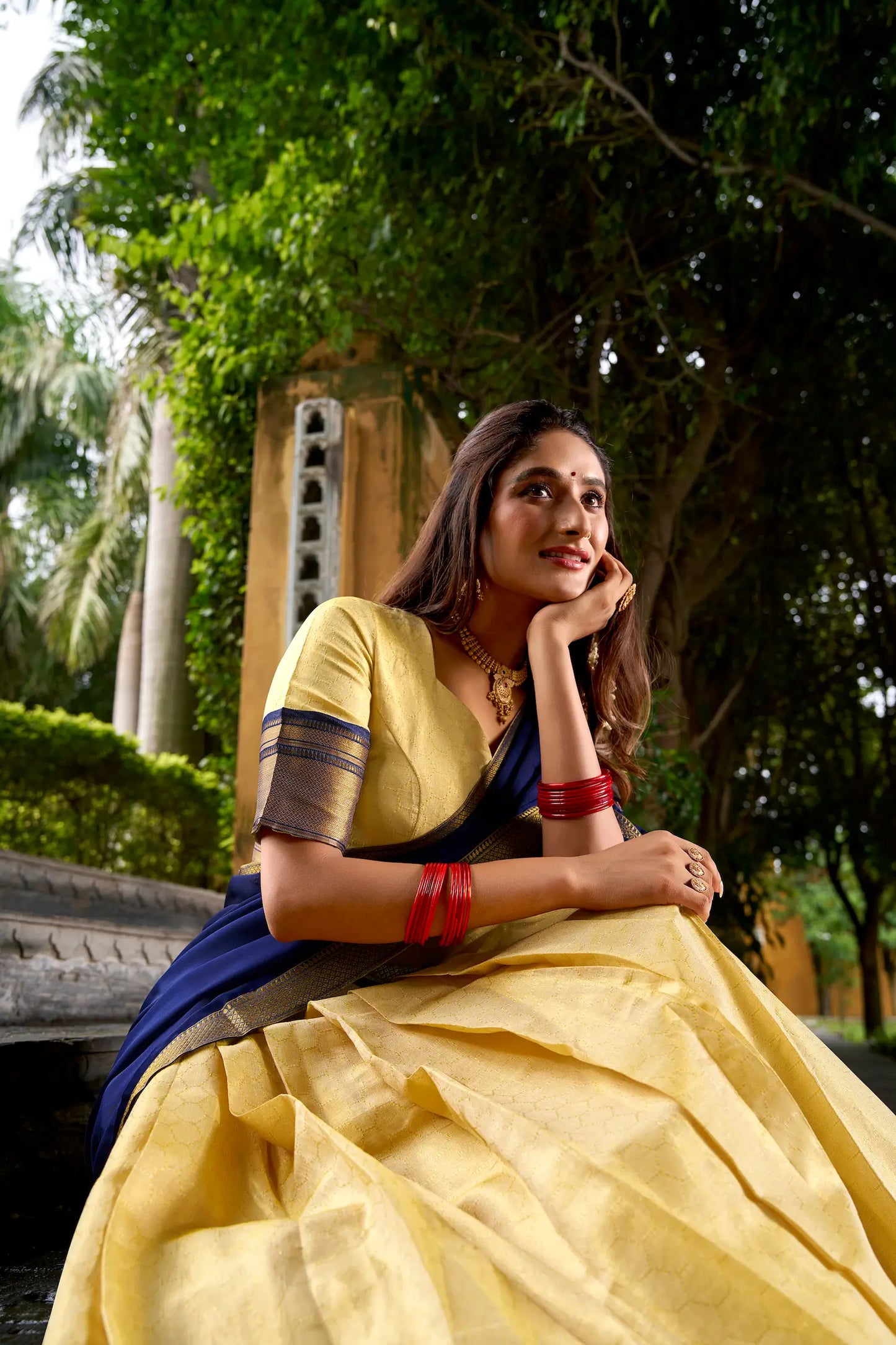 Beige-Navy Blue Zari Weaving  Kanchipuram Lehenga Choli