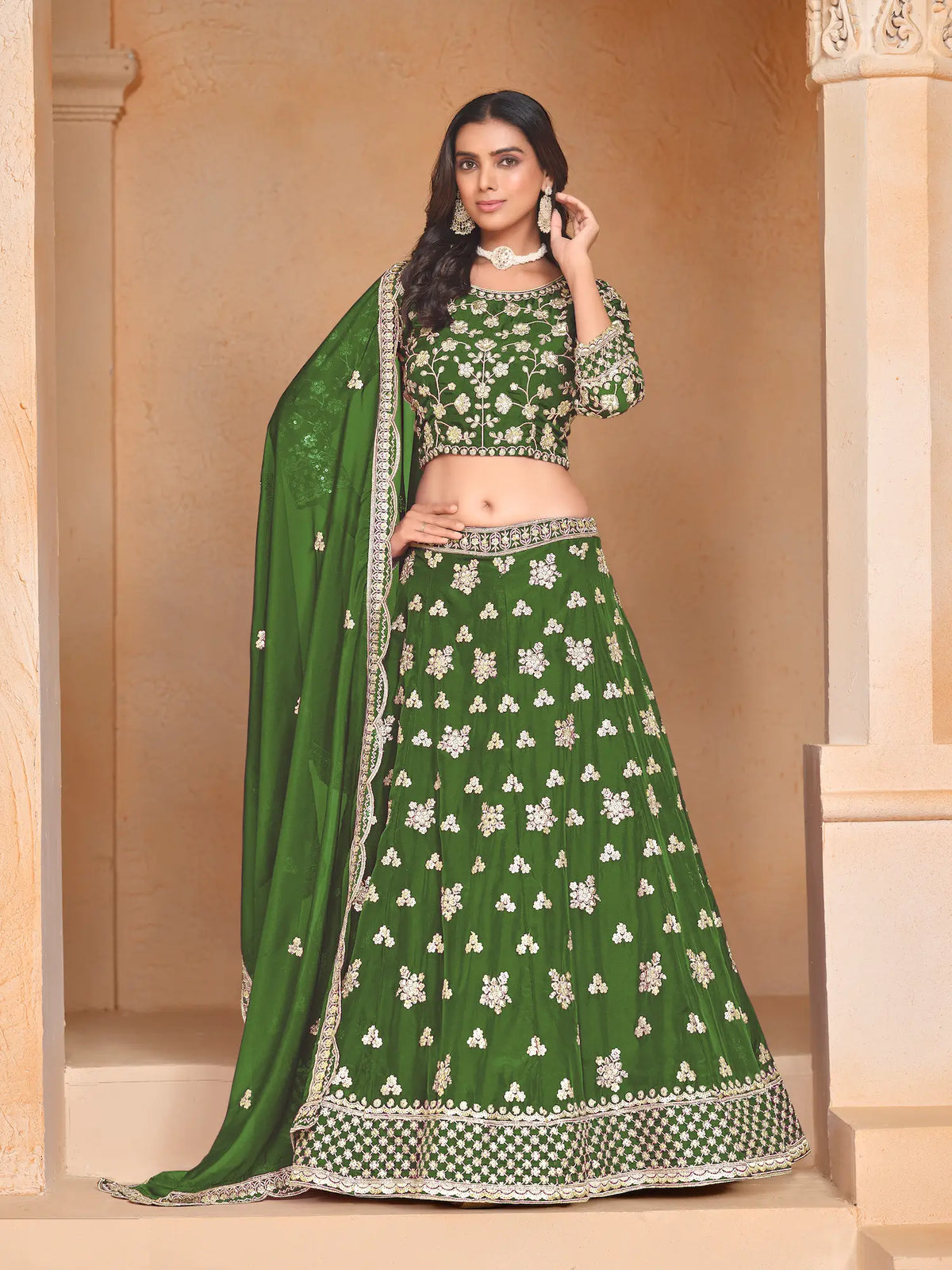 Green Organza Lehenga Choli With Thread & Sequence Embroidery Work