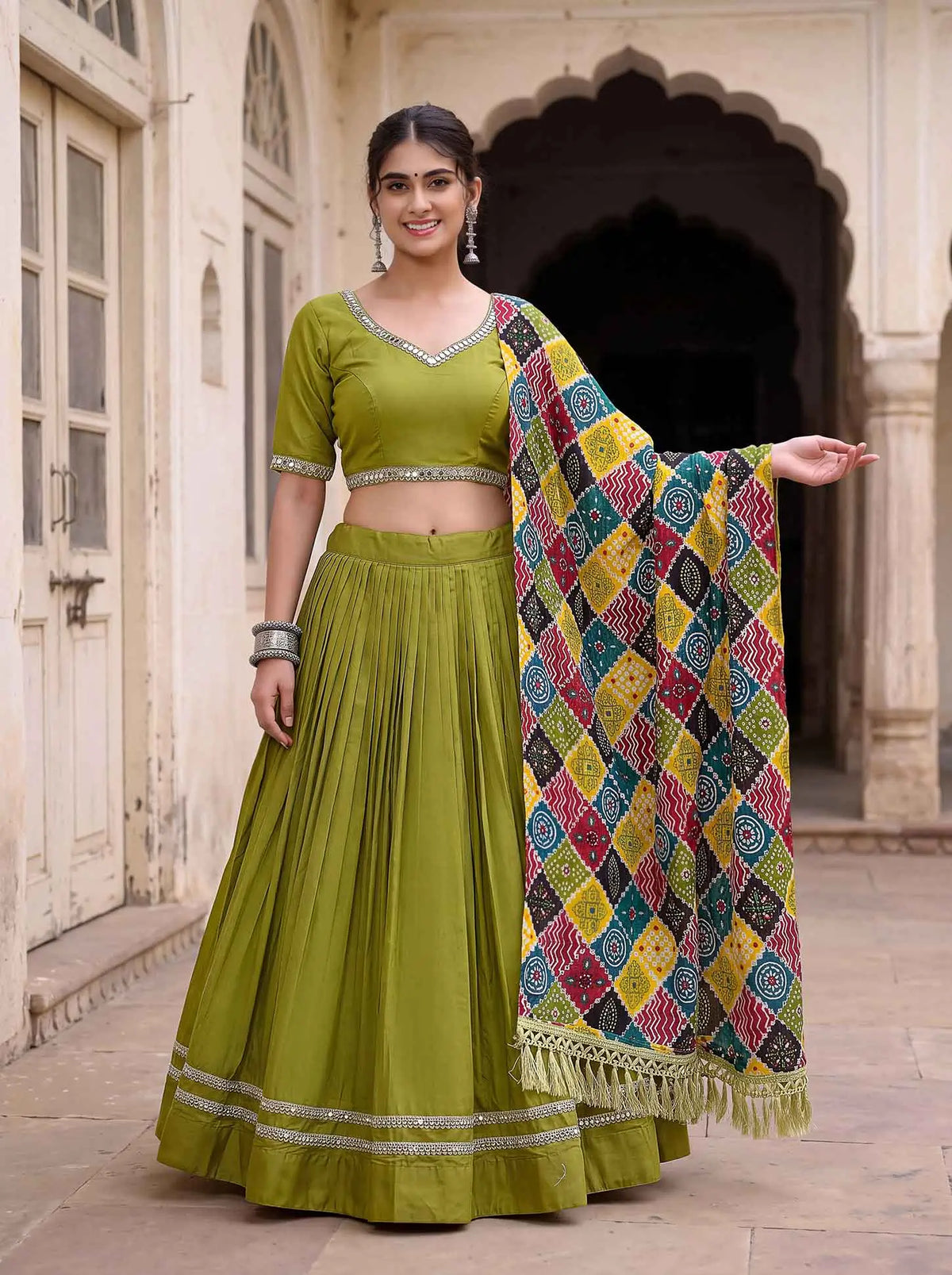 Parrot Mirror Work Navratri Lehenga Choli