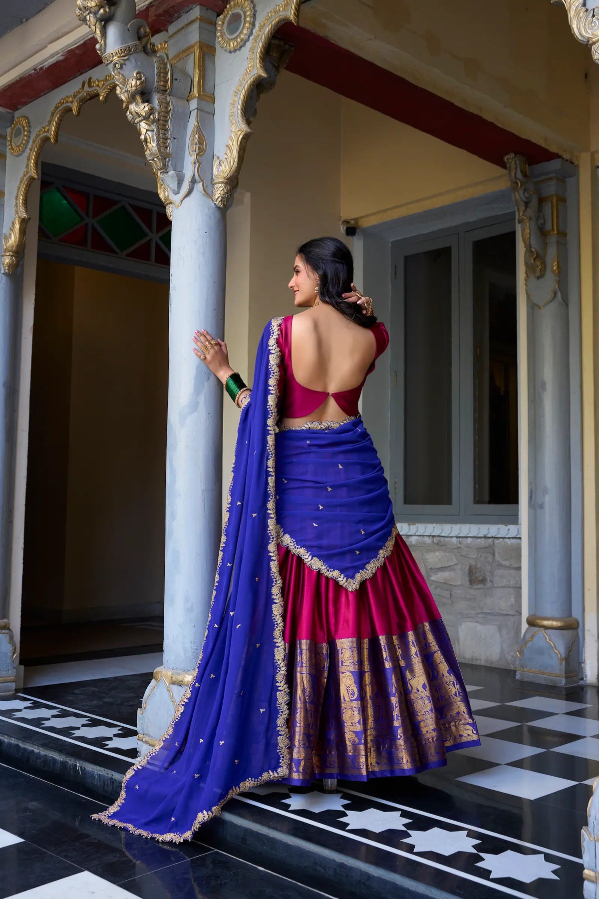 Dark Pink South Indian Lehenga choli With Zari Weaving Work & Sequins Embroidery