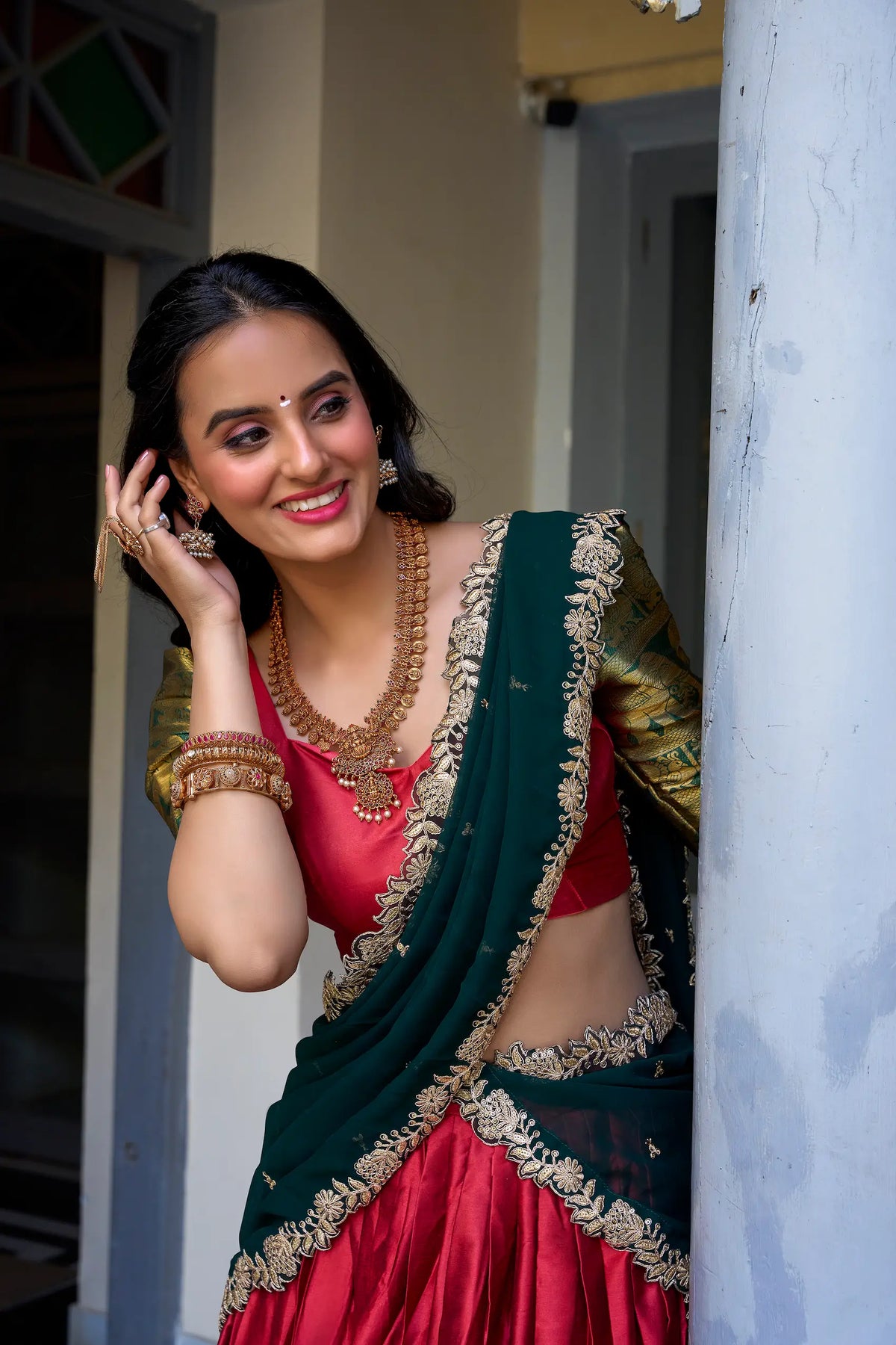Red South Indian Lehenga choli With Zari Weaving Work & Sequins Embroidery