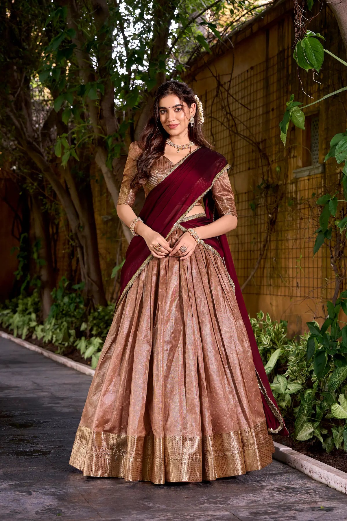 Dusty Peach Dhupian Silk Zari Weaving Lehenga Choli