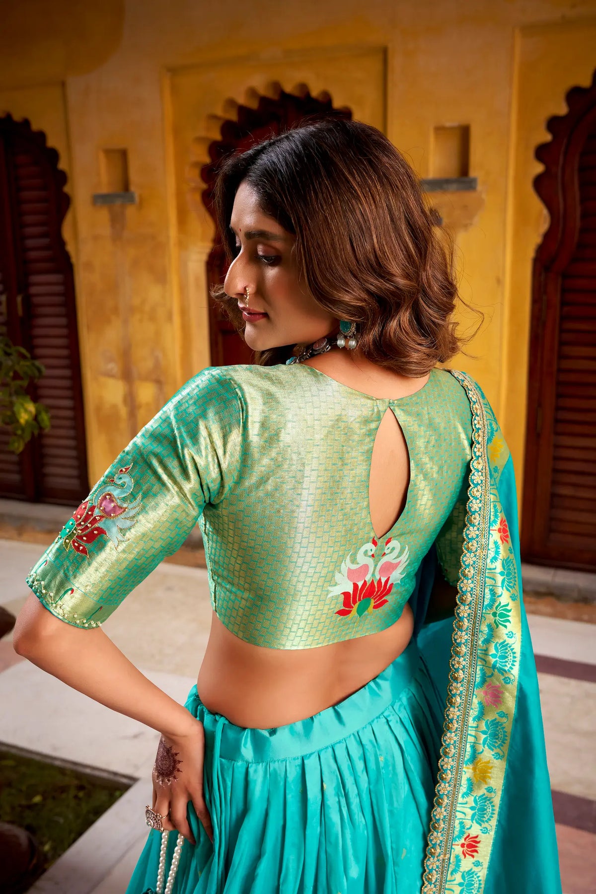 Sea Blue Zari Weaving Paithani Lehenga Choli