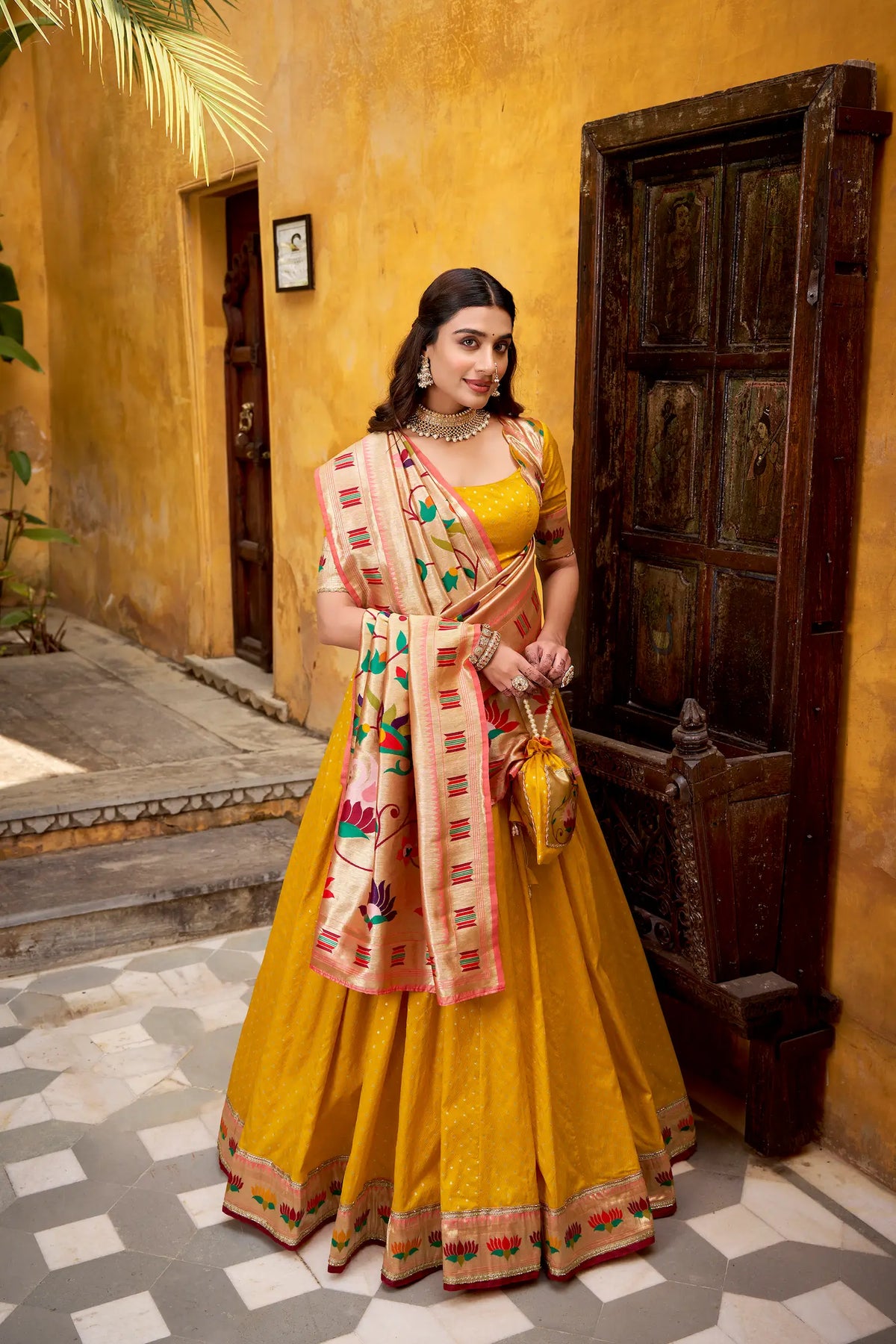 Bee Yellow Zari Weaving Paithani Lehenga Choli