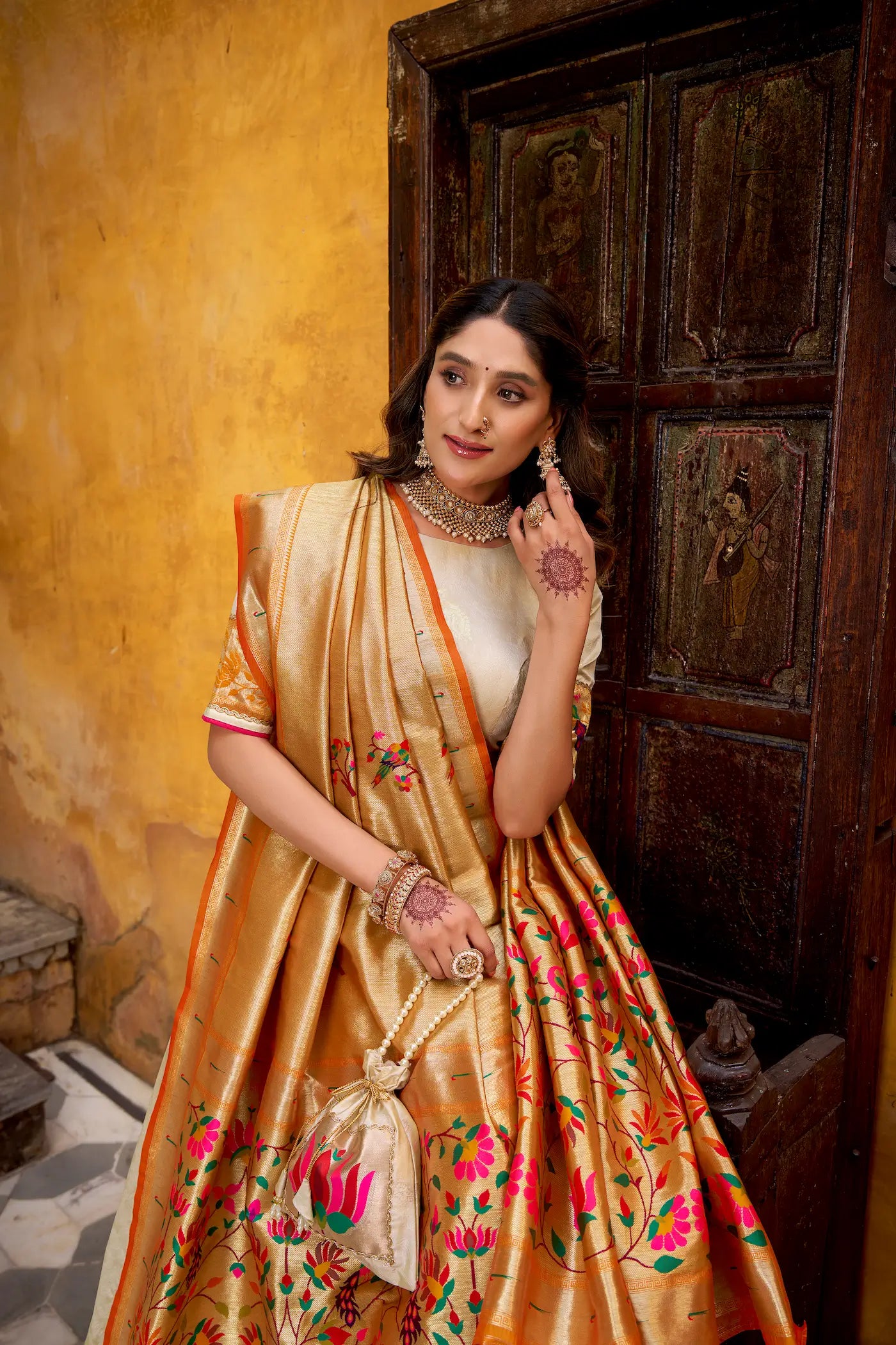 Off White Zari Weaving Paithani Lehenga Choli