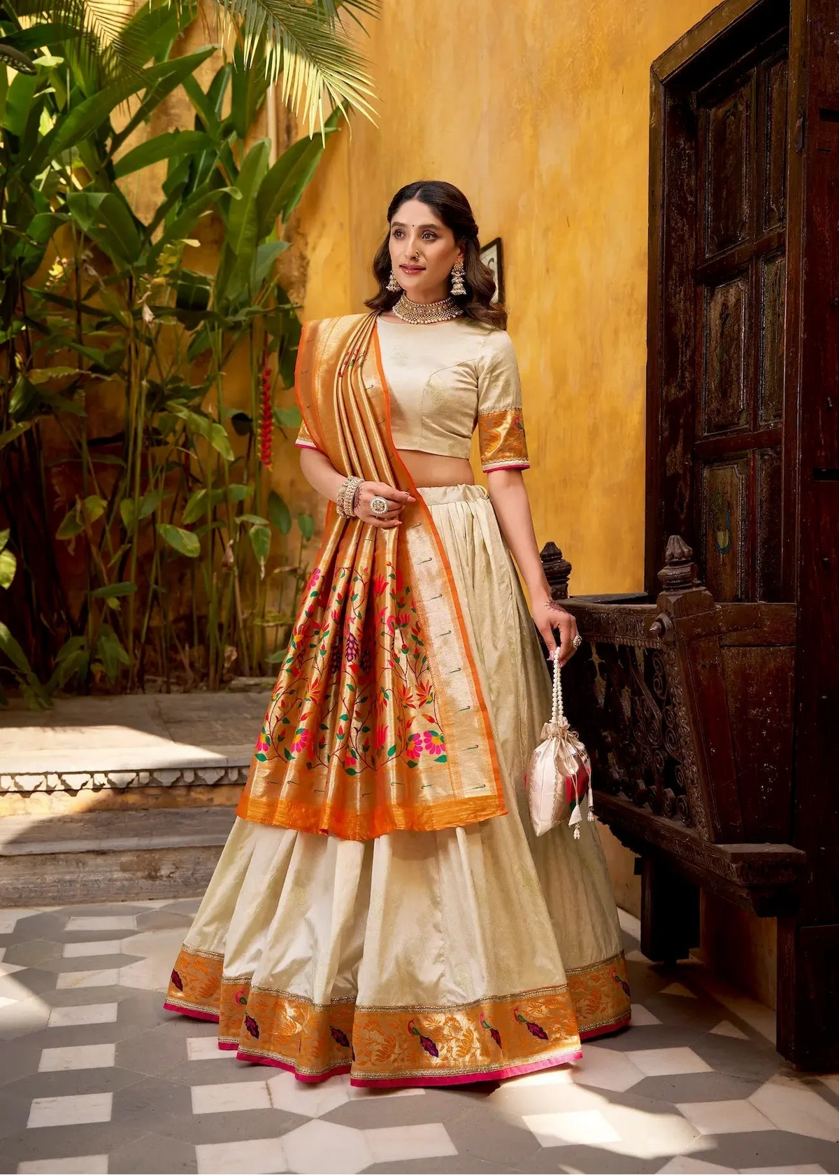 Off White Zari Weaving Paithani Lehenga Choli