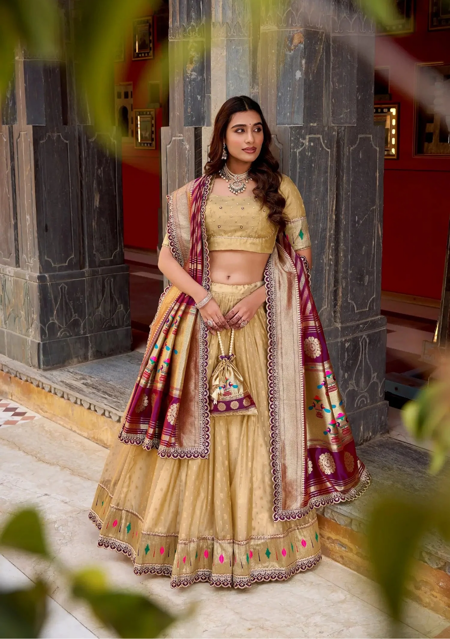 Dark Beige Shimmer Paithani Lehenga Choli