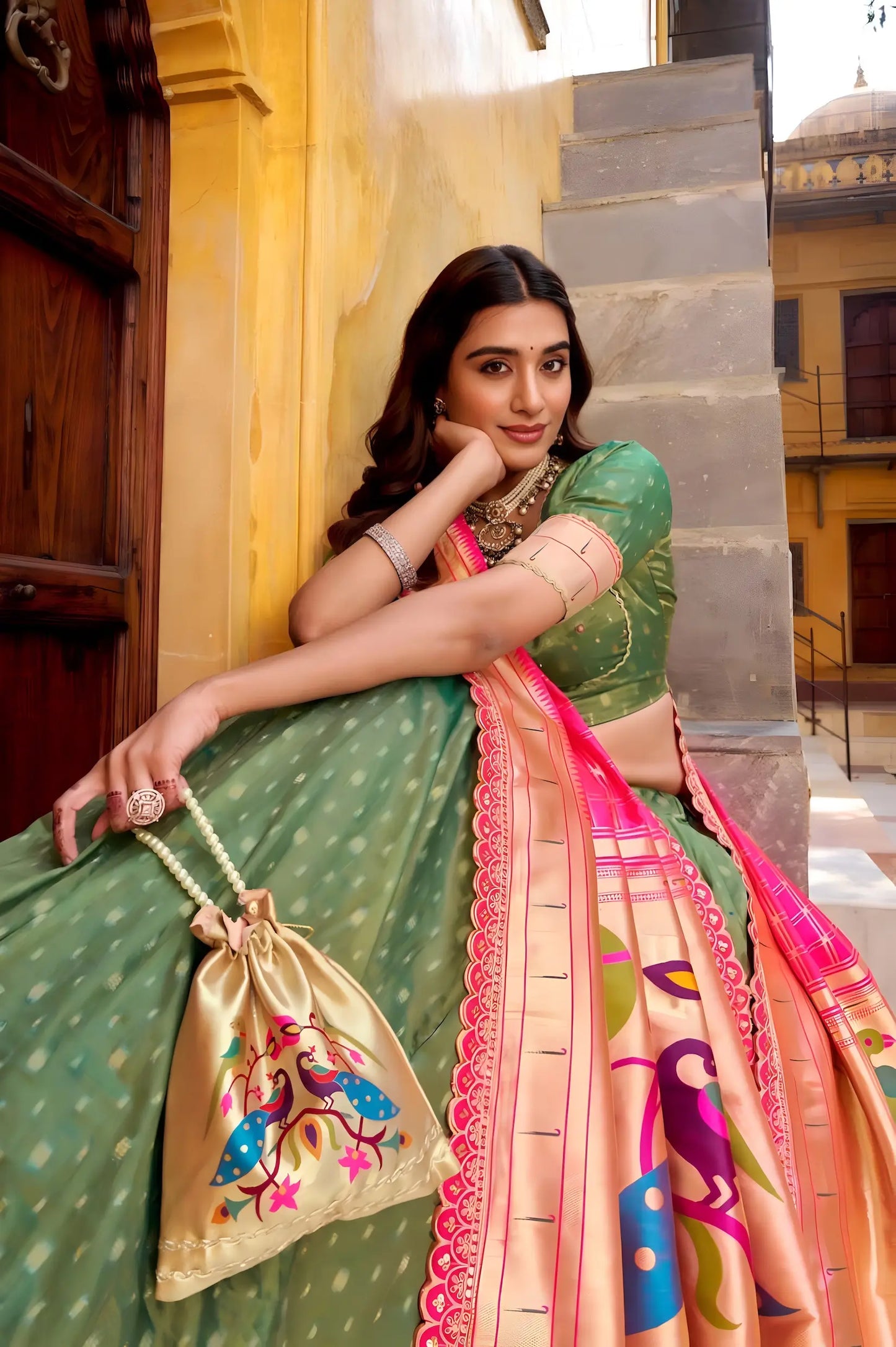 Dusty Green Shimmer Paithani Lehenga Choli