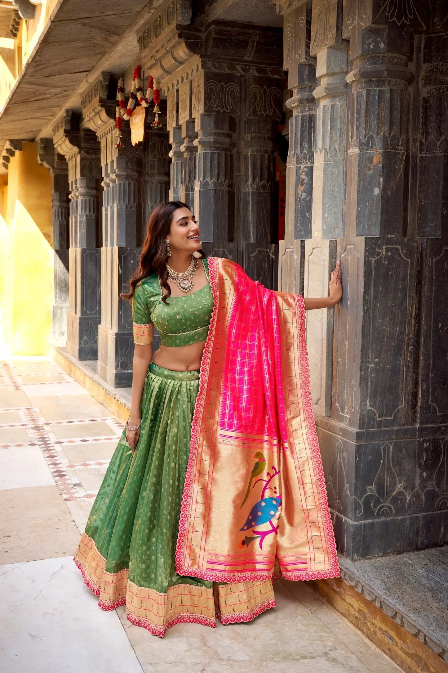 Dusty Green Shimmer Paithani Lehenga Choli