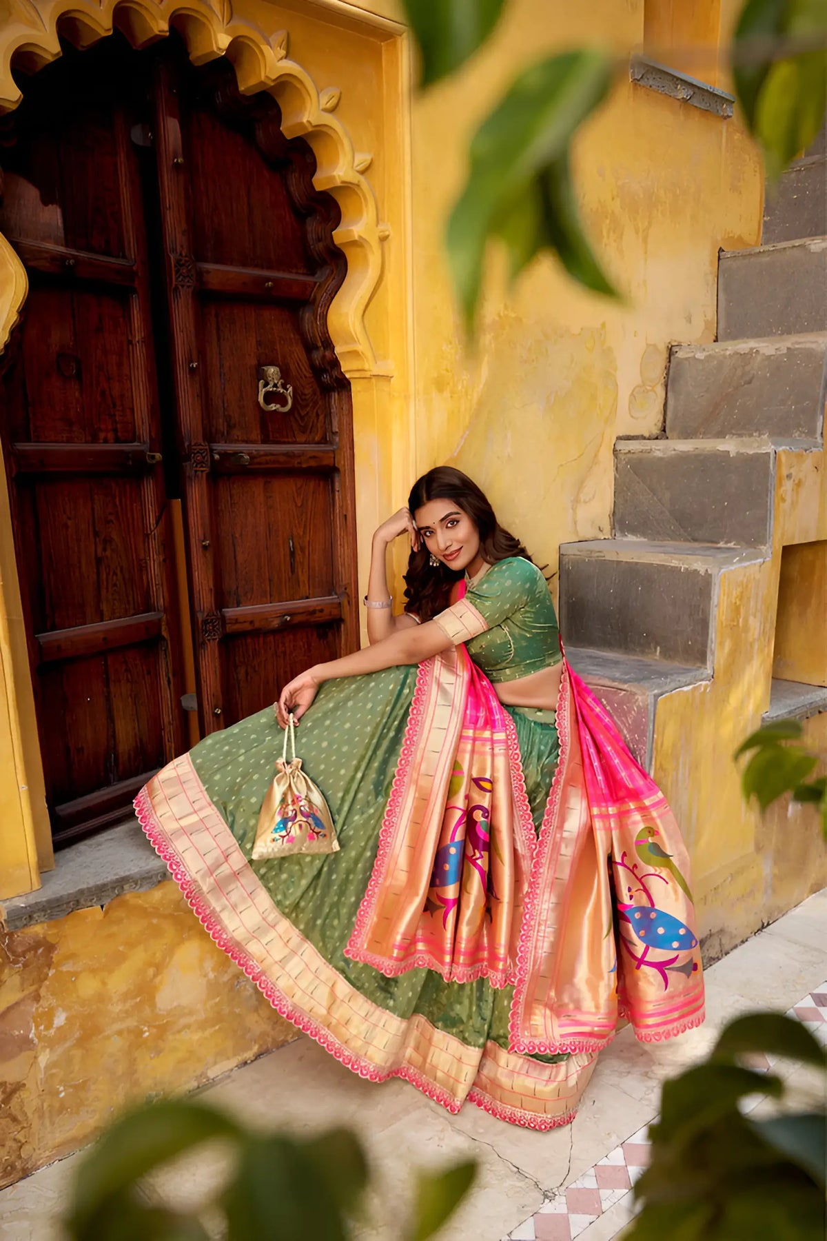 Dusty Green Shimmer Paithani Lehenga Choli
