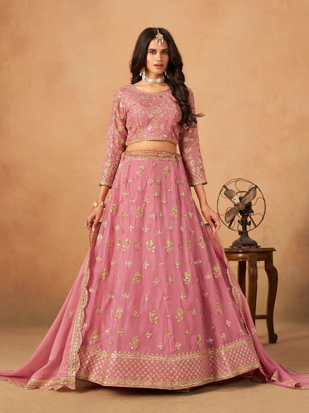 Light Pink Organza Embroidery Work Lehenga Choli