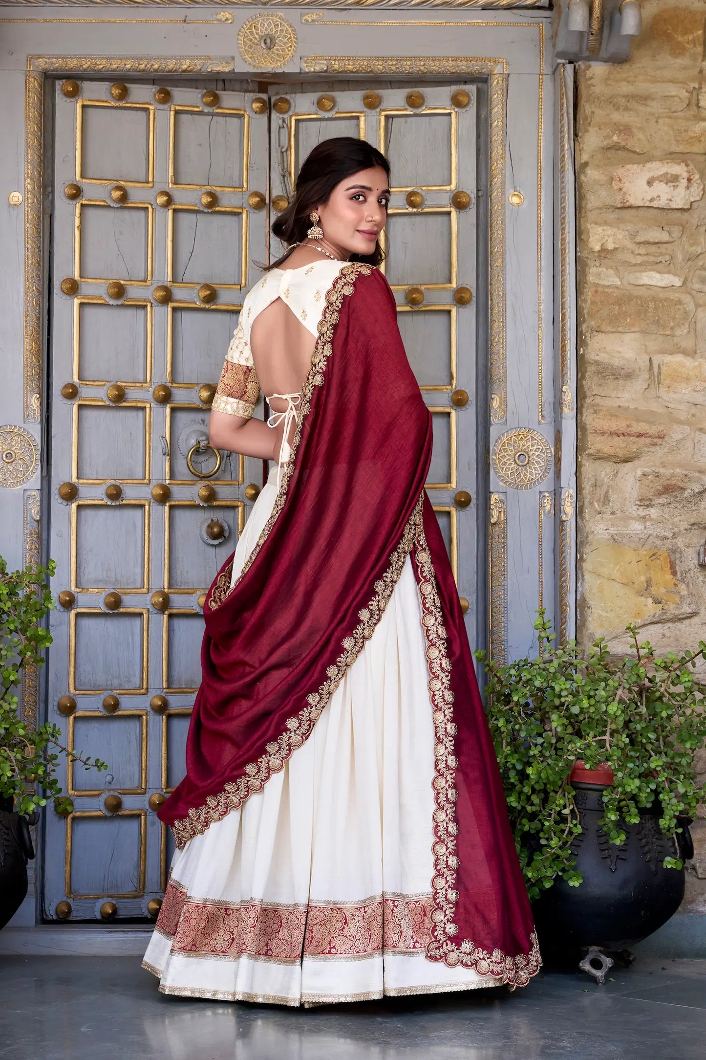 Off White Vichitra Silk Lehenga Choli With Zari Weaving Work & Sequins Touch Up