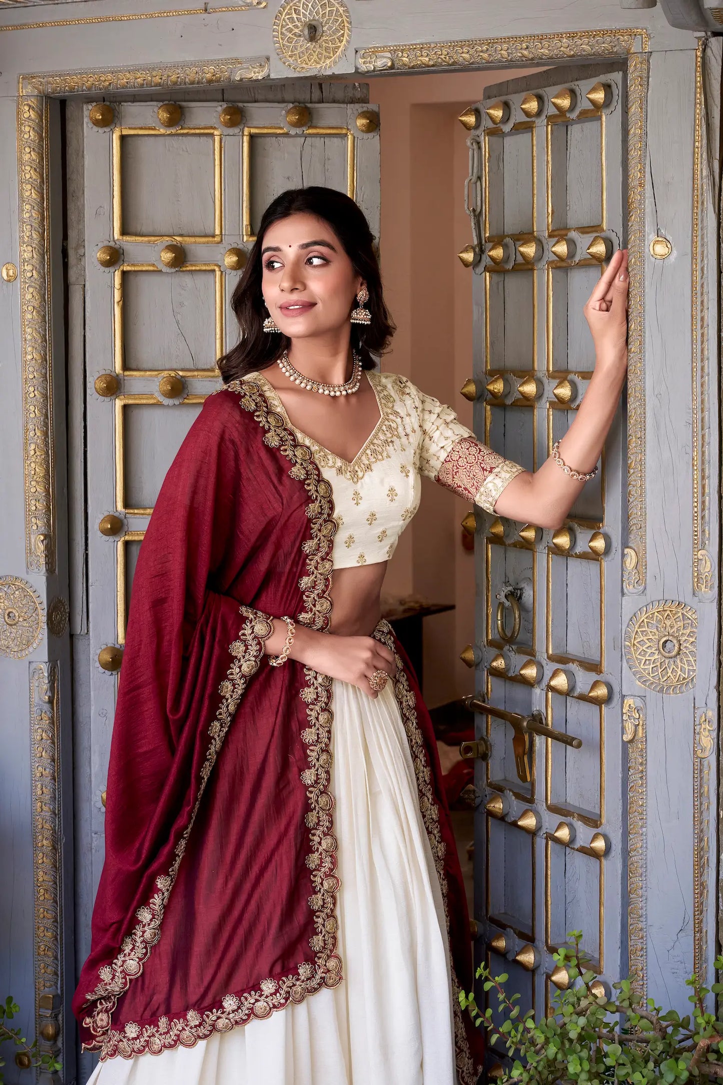 Off White Vichitra Silk Lehenga Choli With Zari Weaving Work & Sequins Touch Up