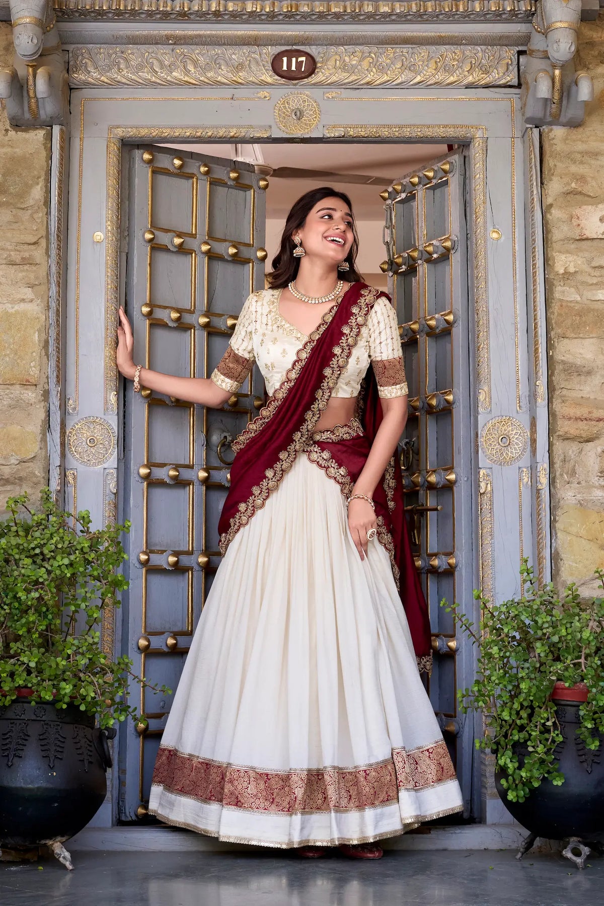 Off White Vichitra Silk Lehenga Choli With Zari Weaving Work & Sequins Touch Up