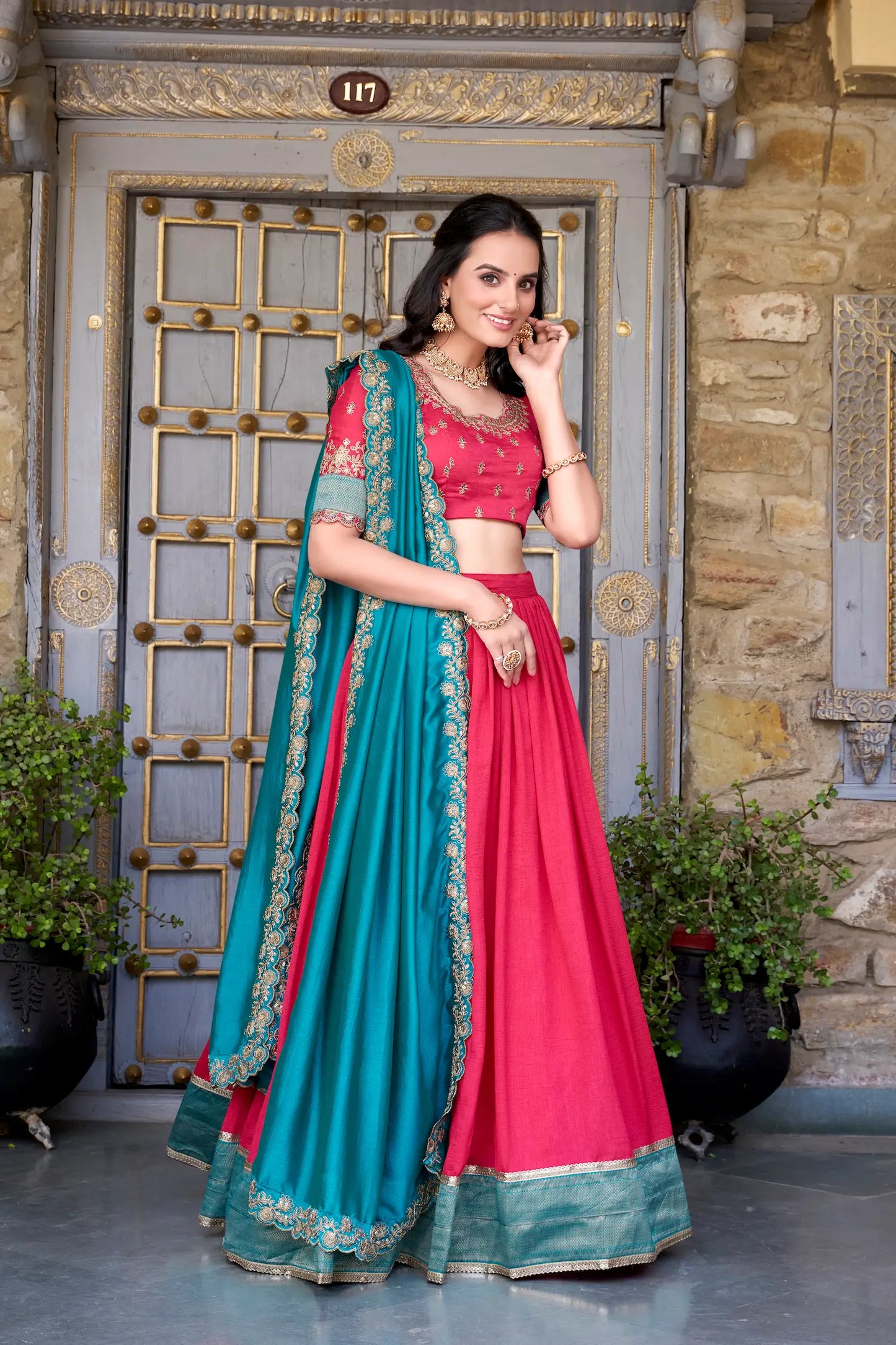 Pink Vichitra Silk Lehenga Choli With Zari Weaving Work & Sequins Touch Up