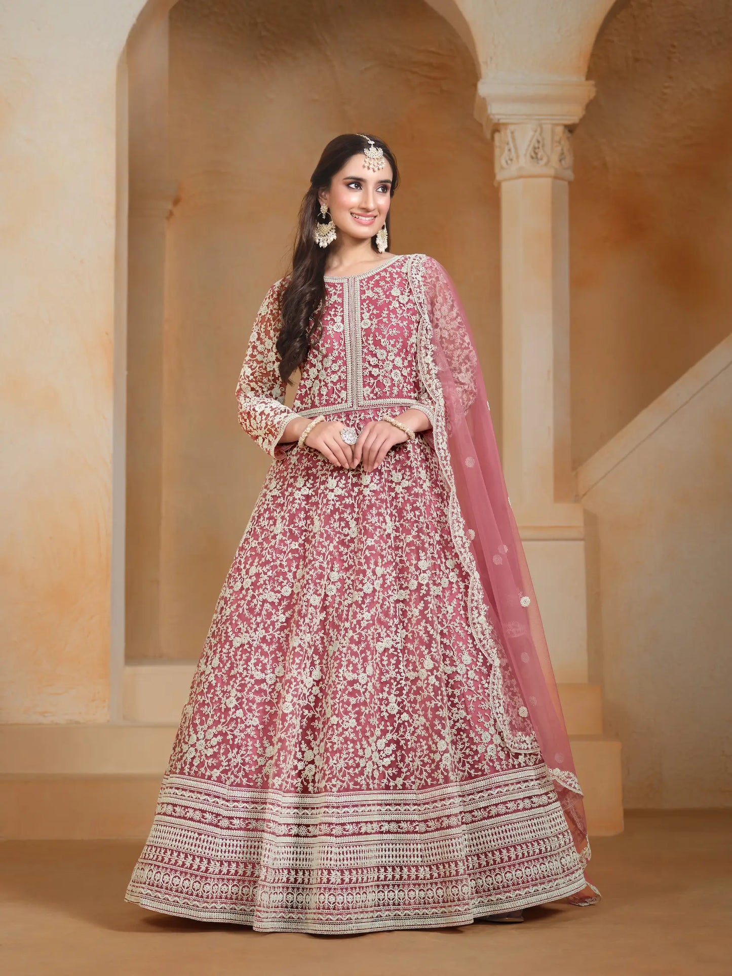 Light Pink Net Gown With Sequence & Thread Embroidery Work