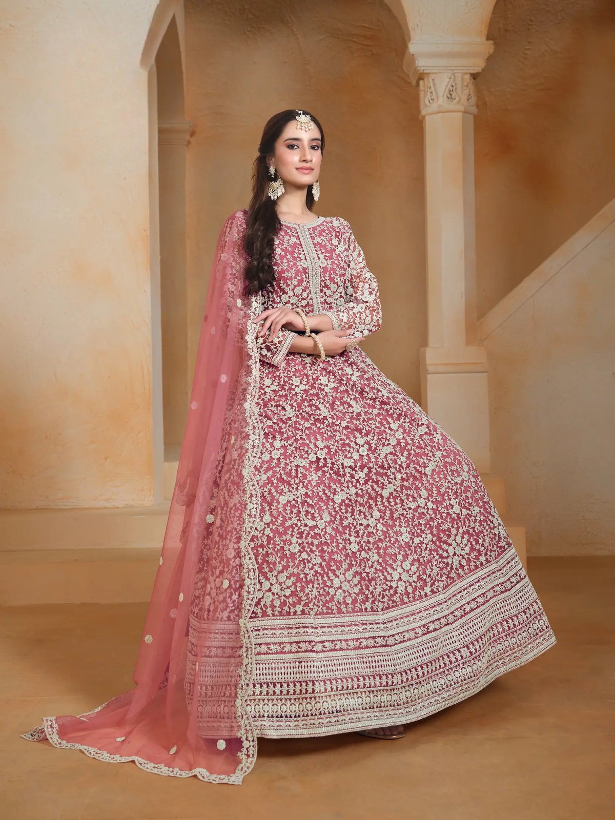 Light Pink Net Gown With Sequence & Thread Embroidery Work
