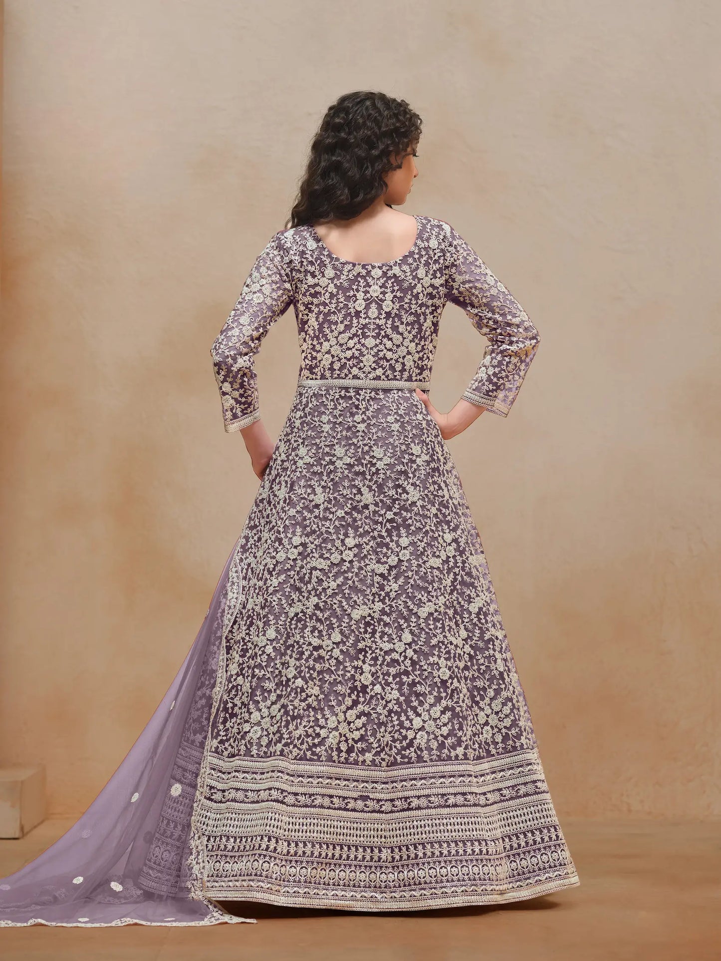 Lavender Net Gown With Sequence & Thread Embroidery Work