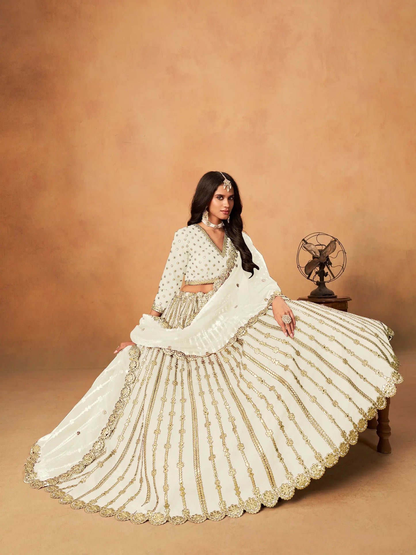 Off White Art Silk Paper Mirror & Embroidery Lehenga Choli