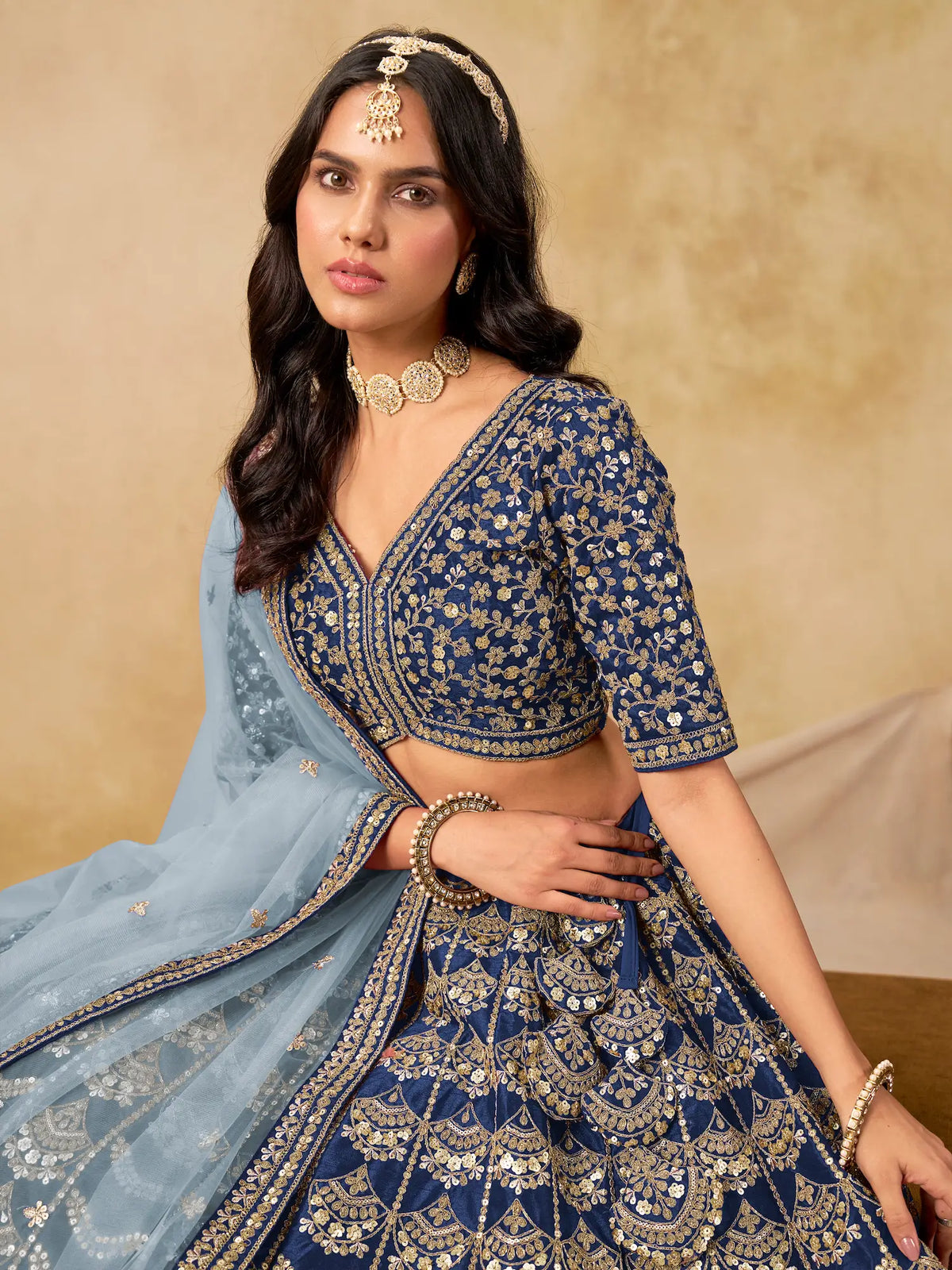 Nile Blue Art Silk Embroidery Lehenga Choli