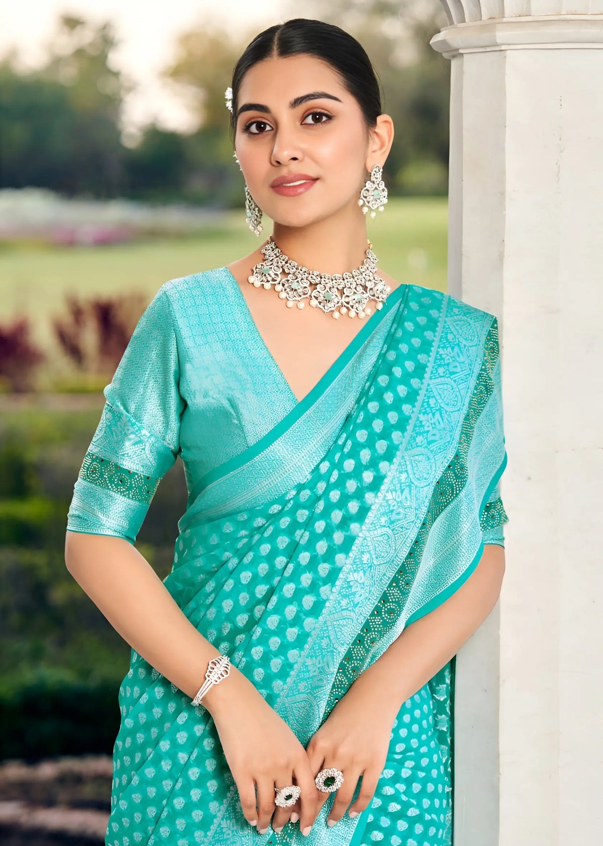 Aqua Blue Georgette Weaving Saree