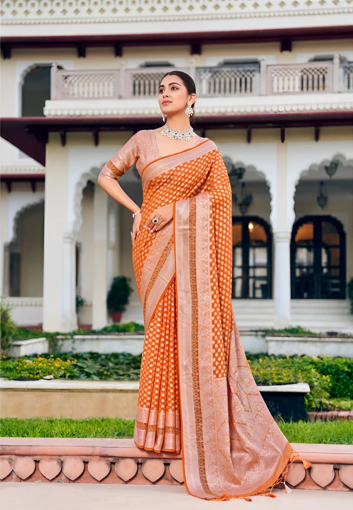 Deep Orange Georgette Weaving Saree