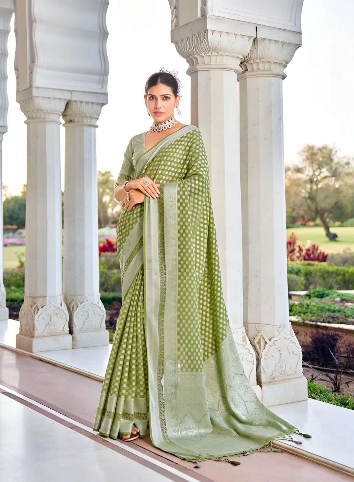 Olive Green Georgette Weaving Saree