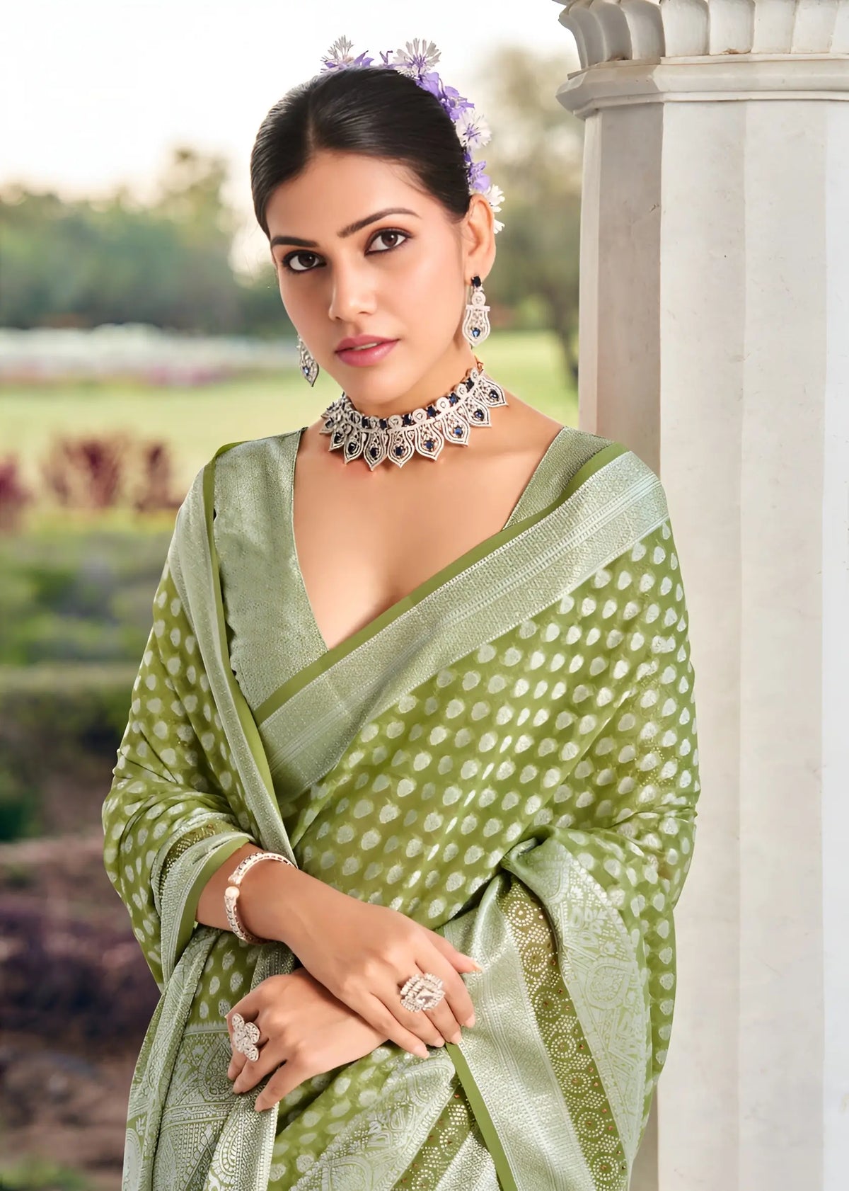 Olive Green Georgette Weaving Saree