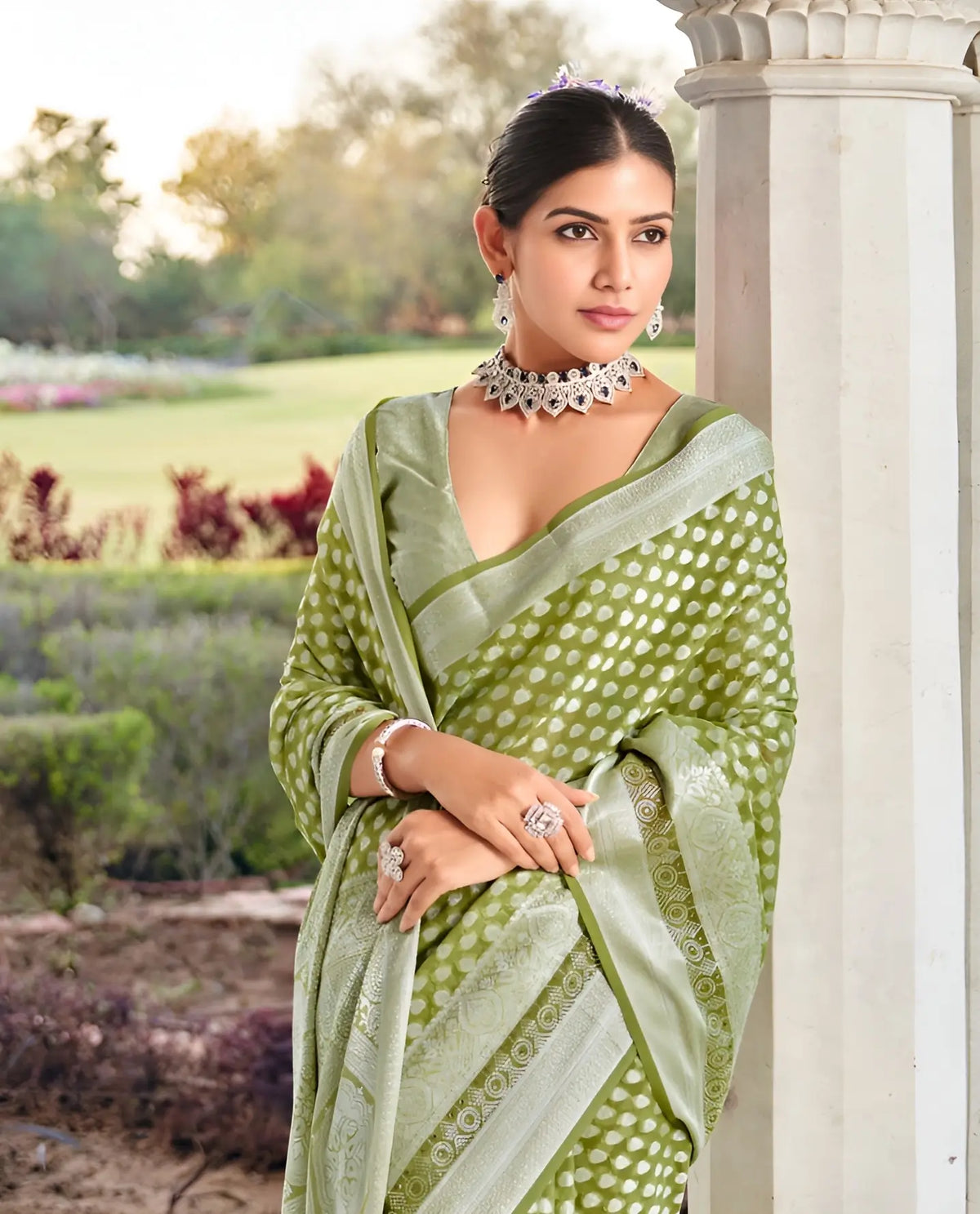 Olive Green Georgette Weaving Saree