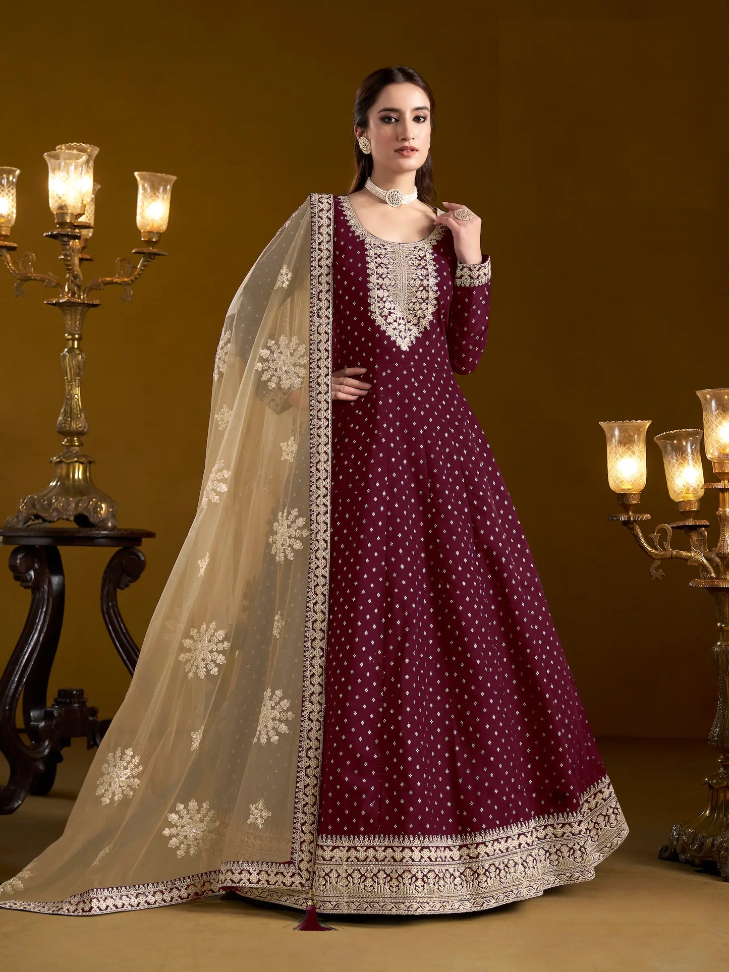 Wine Chanderi Silk Gown With Zari Weaving Work,Sequence & Thread Embroidery Work