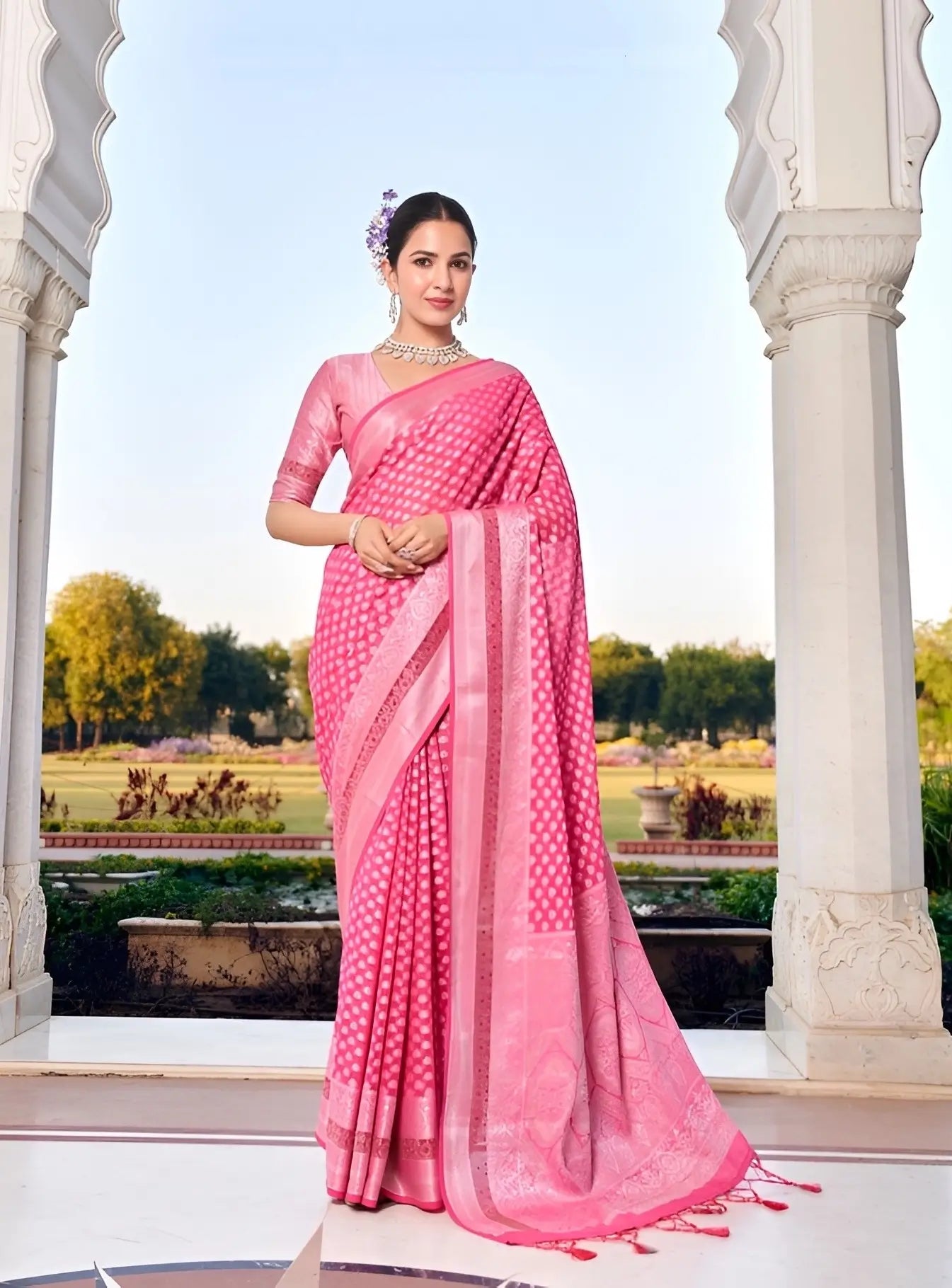 Cerise Pink Georgette Weaving Saree