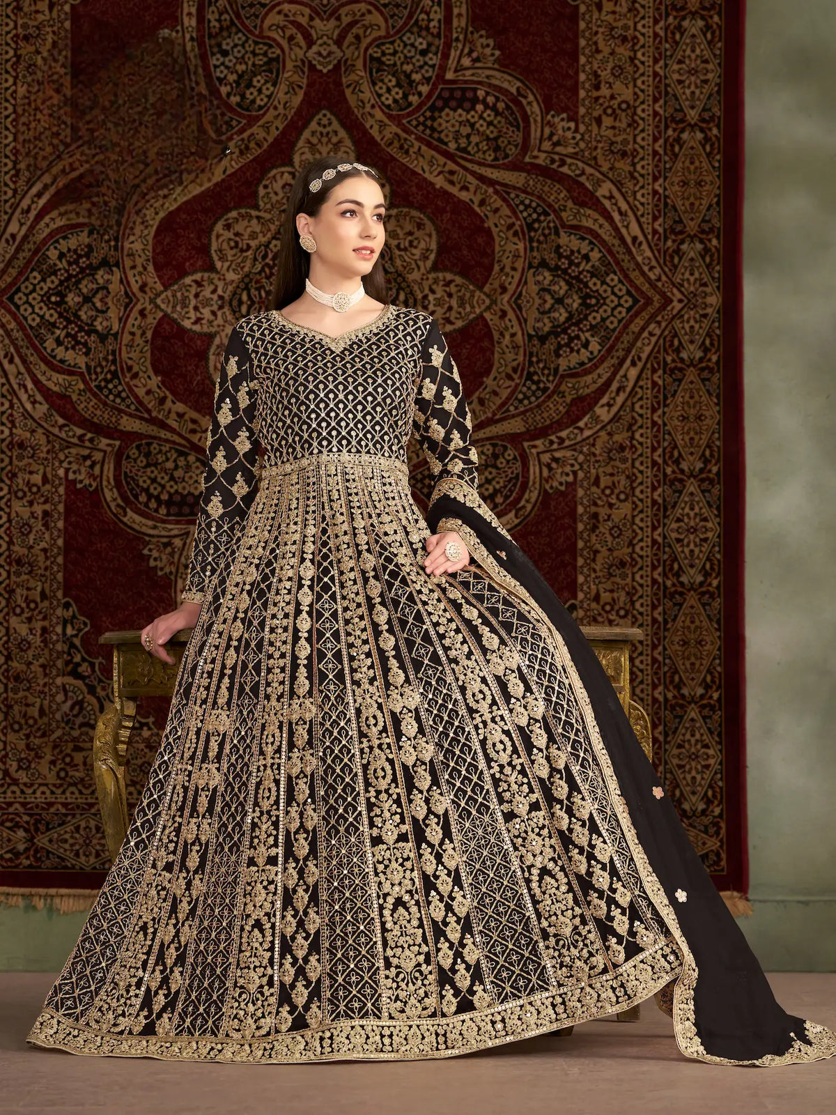 Black Net Gown With Sequence & Zari Embroidery Work