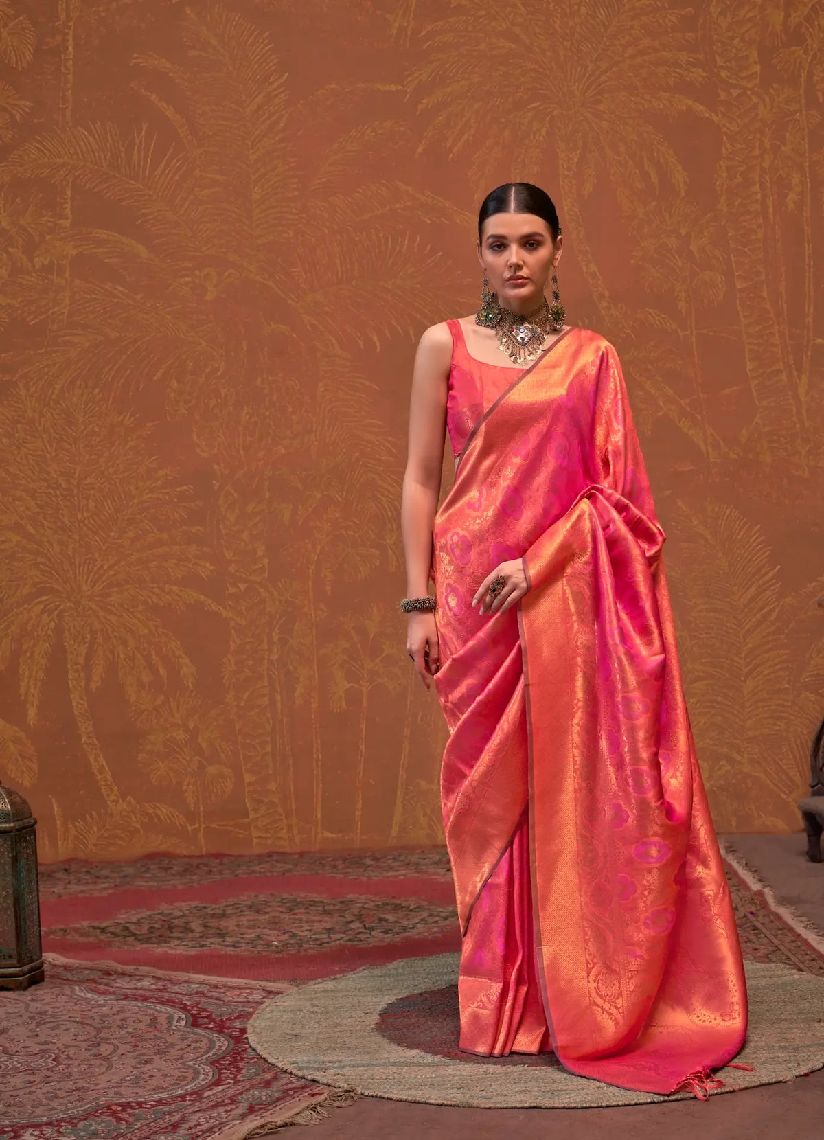 Orangy Pink Handloom Weaving Saree