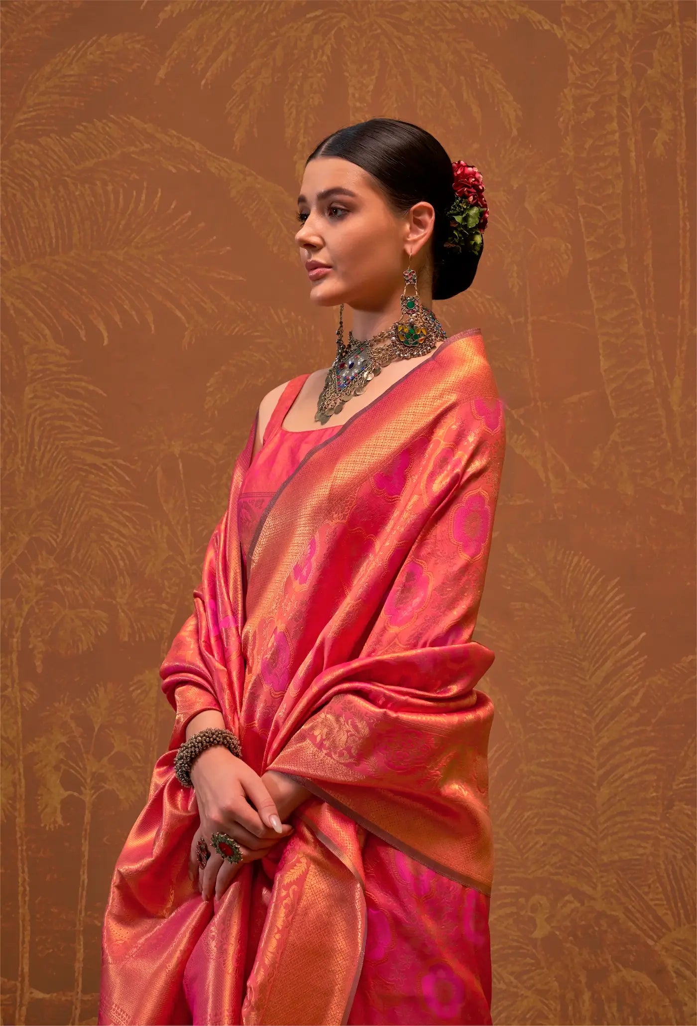 Orangy Pink Handloom Weaving Saree