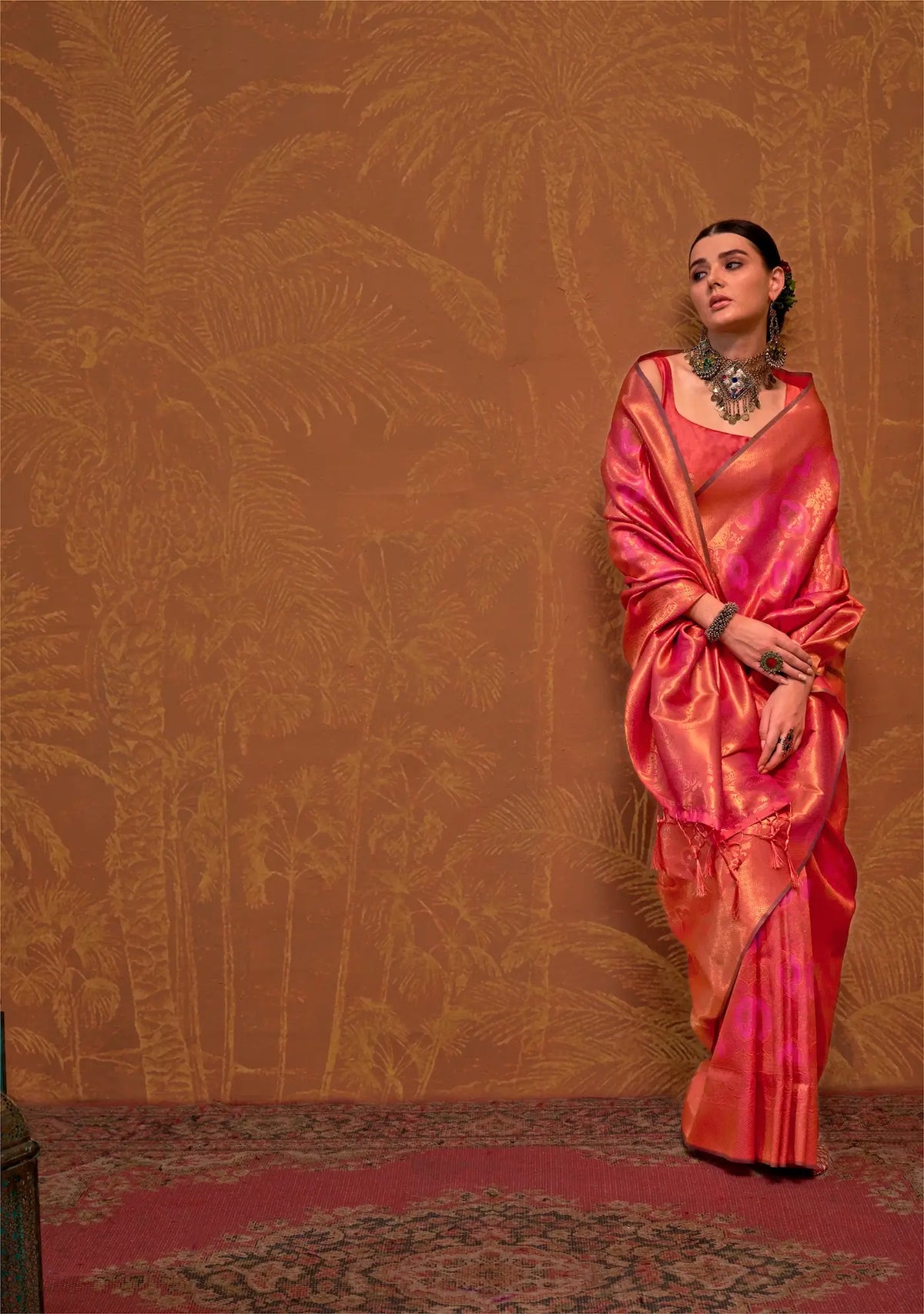 Orangy Pink Handloom Weaving Saree
