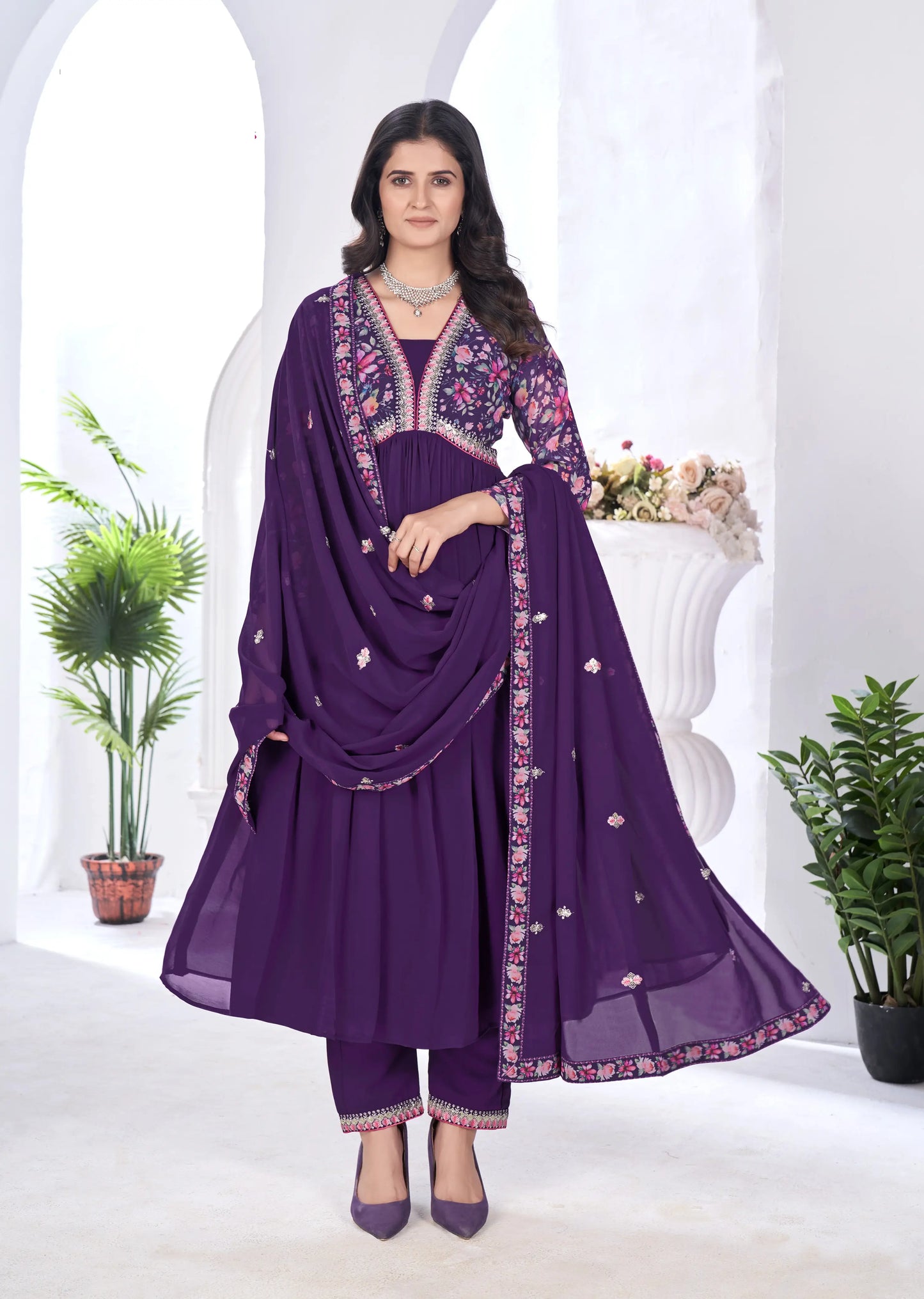 Purple Magenta Floral Print With Embroidery Work Gown With Dupatta
