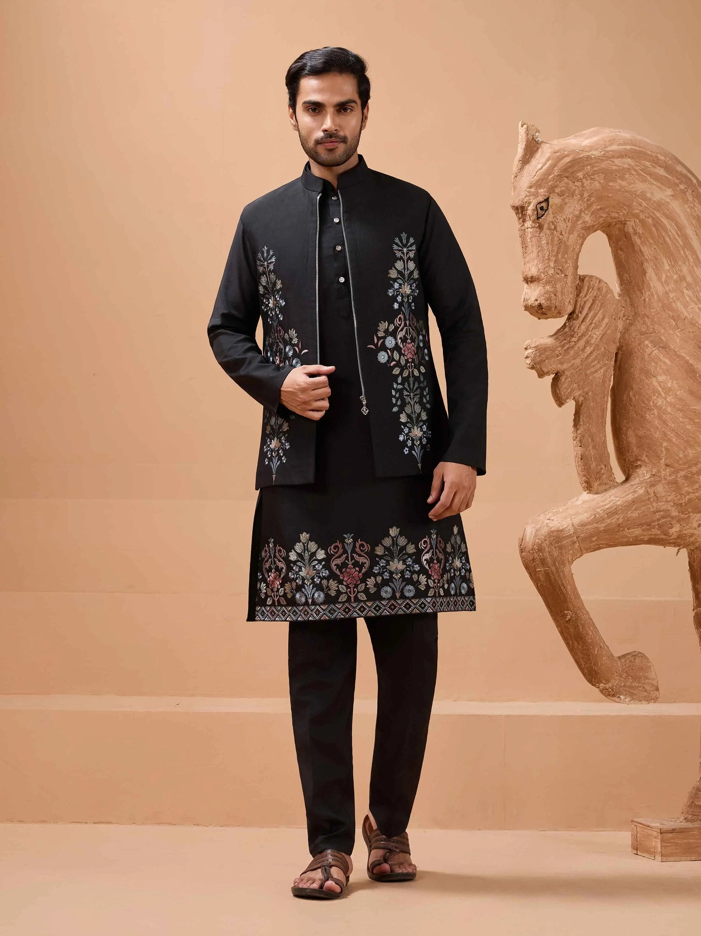 Stylish Black Kurta Set With Sequins Embroidery Jacket