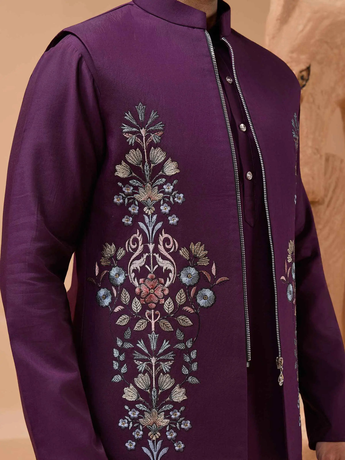 Plum Purple Kurta Set With Sequins Embroidery Jacket