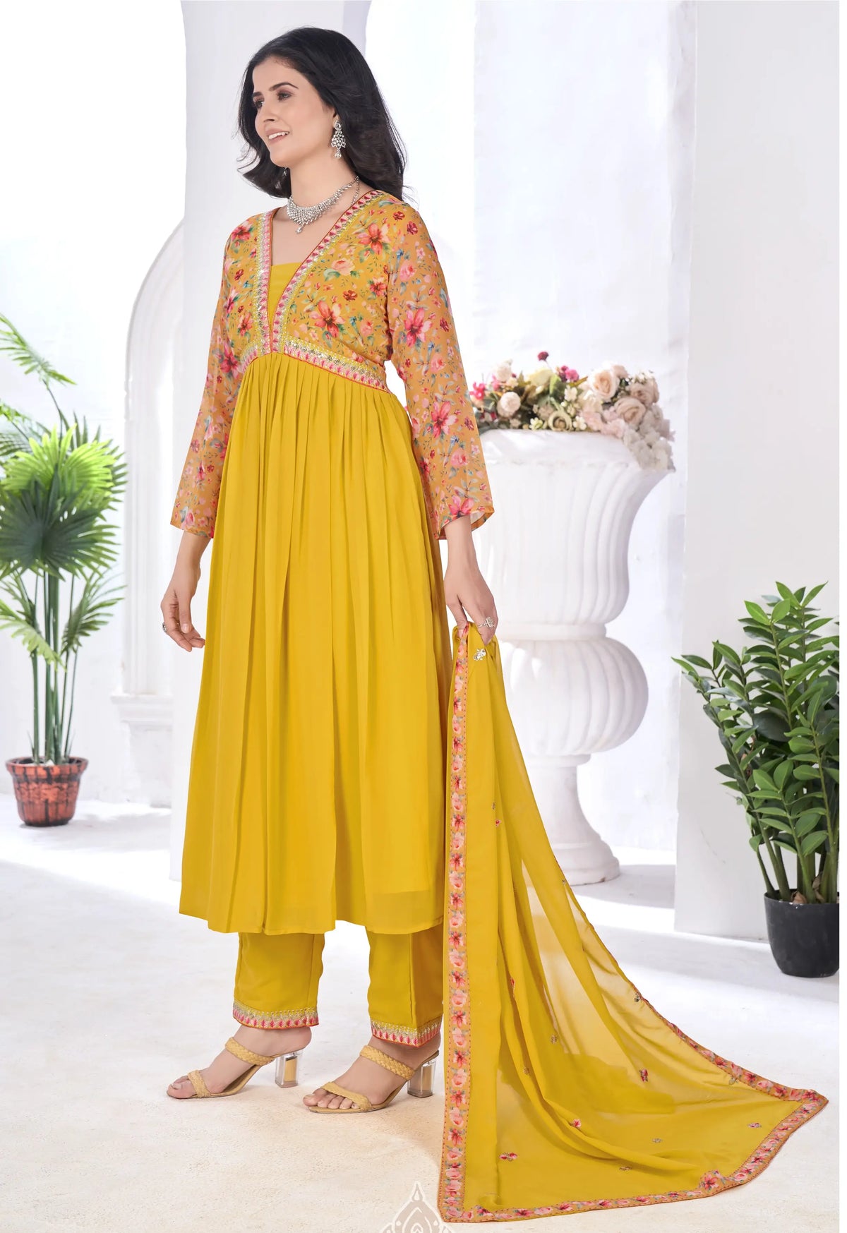 Yellow Floral Print With Embroidery Work Gown With Dupatta