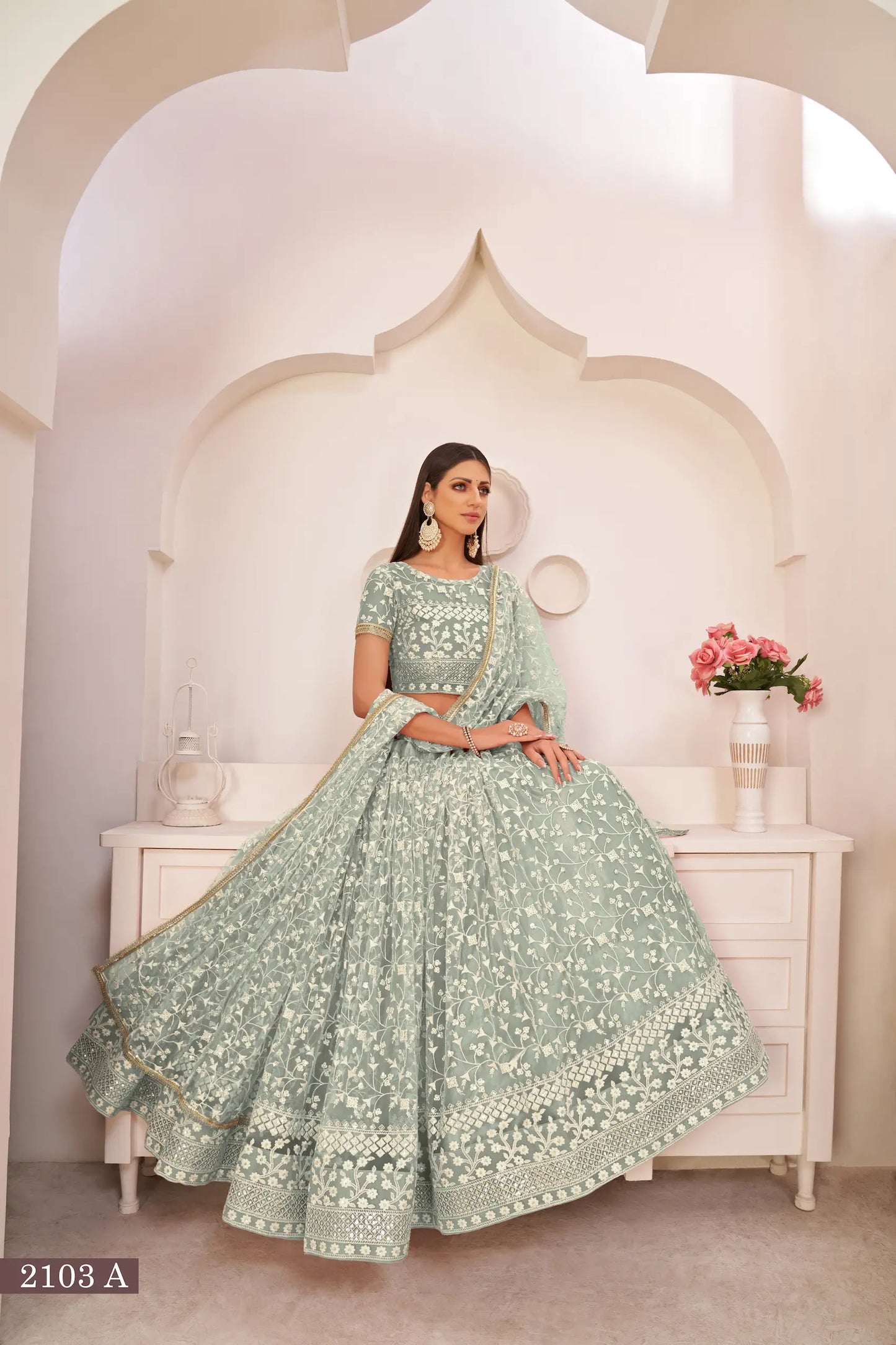 Turquoise Green Net Lehenga Choli With White Cotton Thread Work, Zari Work & Sequence Work
