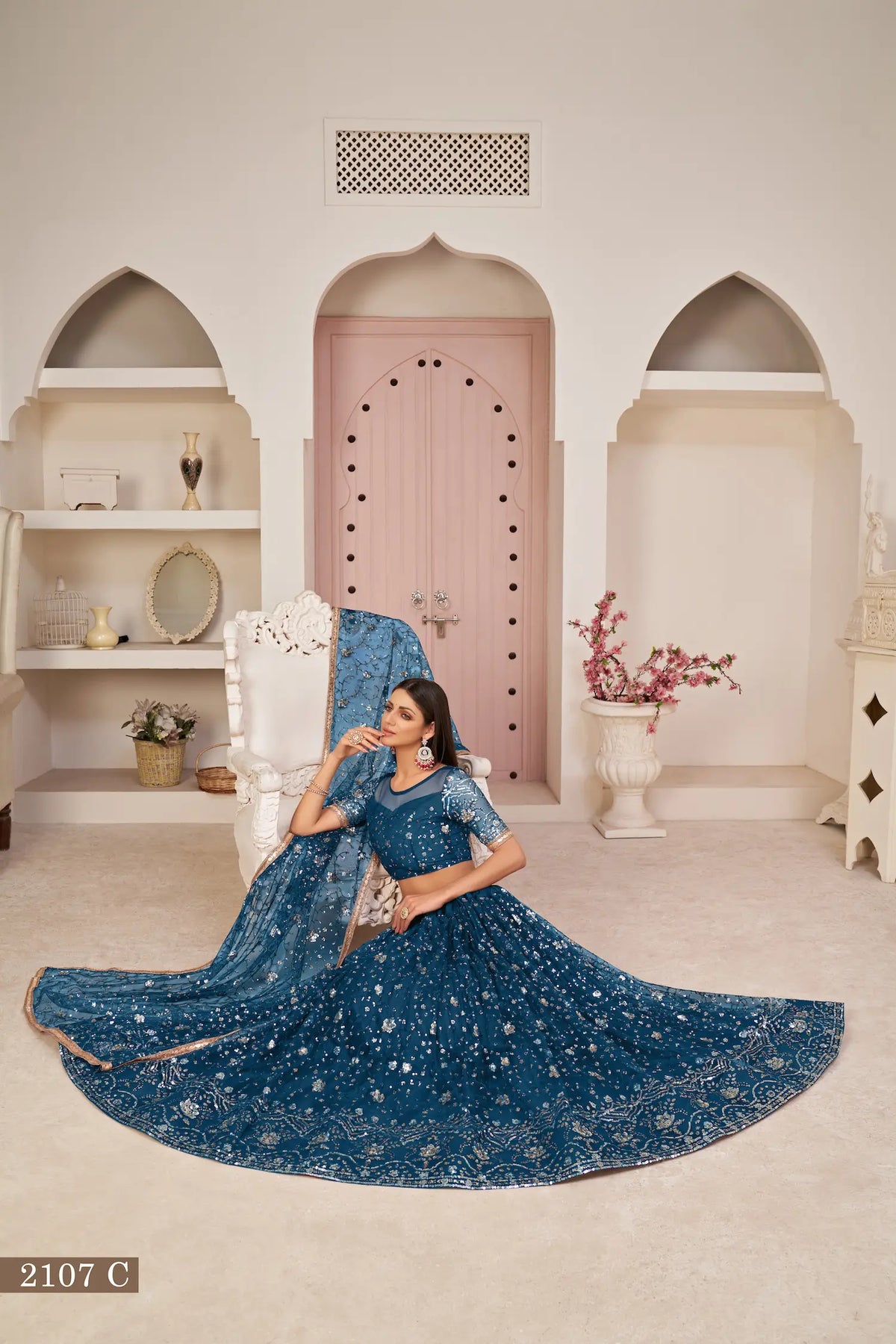 Teal Net Lehenga Choli With White Cotton Thread Work, Zari Work & Sequence Work